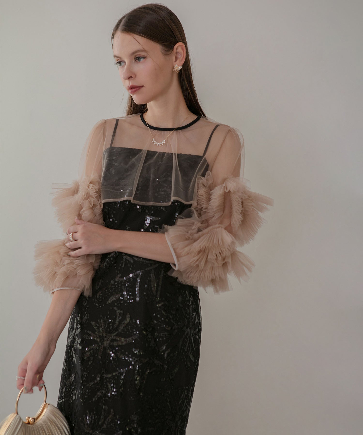 【一部当日発送】フラワースパンコールチュールフリルスリーブIラインワンピースドレス