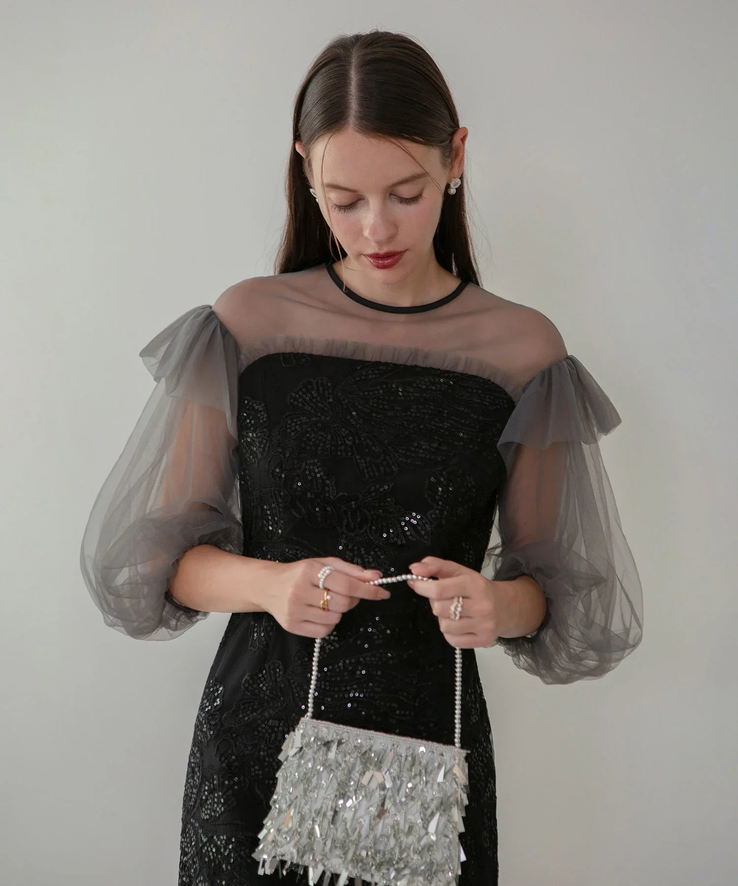 【一部当日発送】フラワースパンコールシアーフリルスリーブIラインワンピースドレス