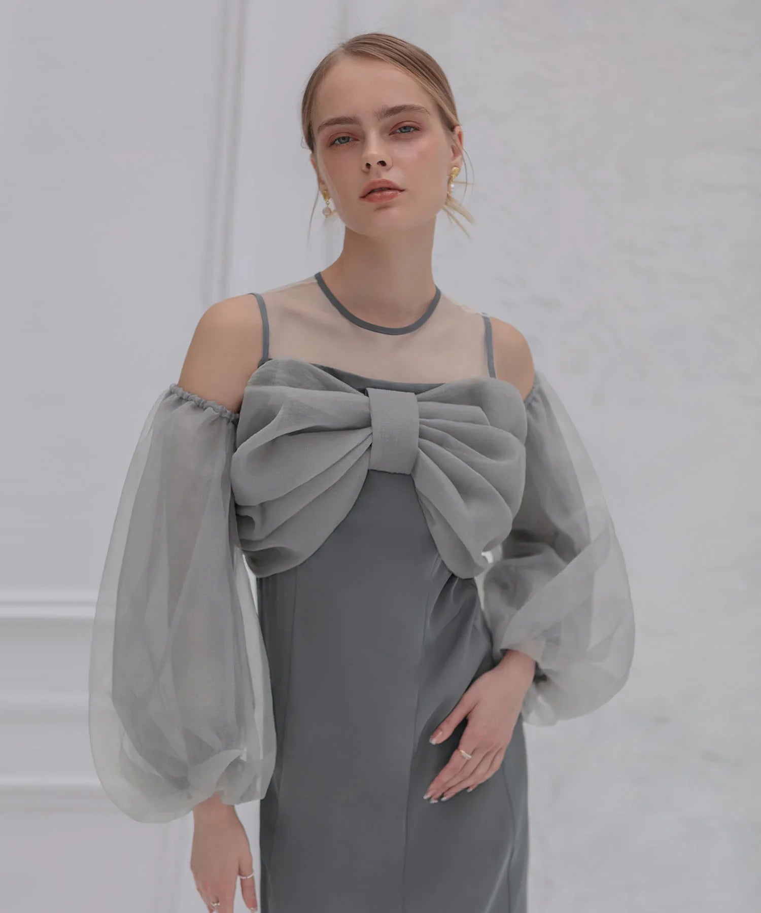 【当日発送】フロントリボンチュールIラインワンピースドレス