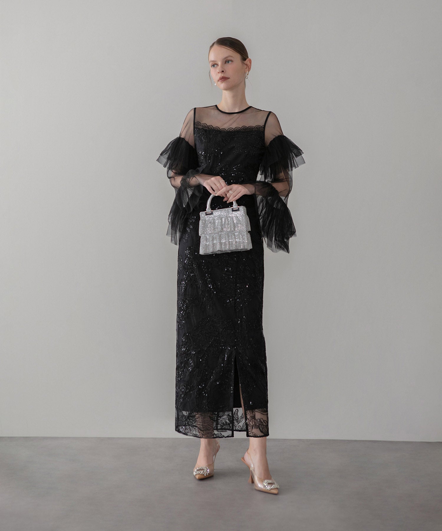 【当日発送】フリルチュールスリーブレースIラインワンピースドレス