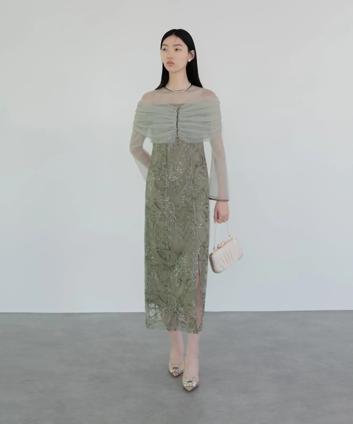 【当日発送】チュールオフショルダー花柄Iラインワンピースドレス