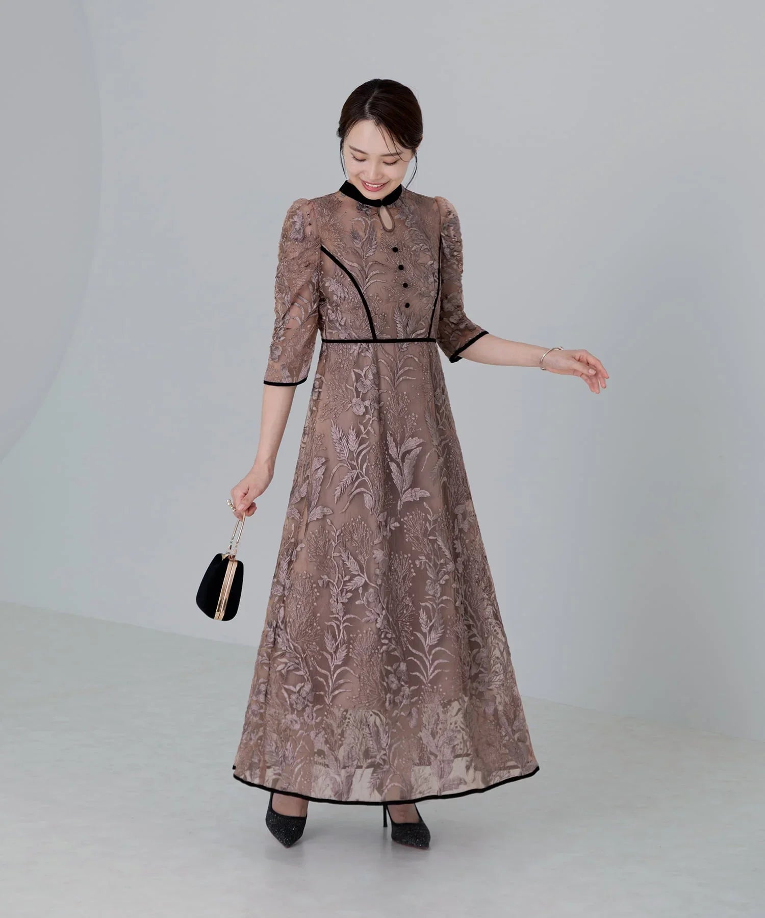 【当日発送】花柄チュールパフスリーブワンピースドレス