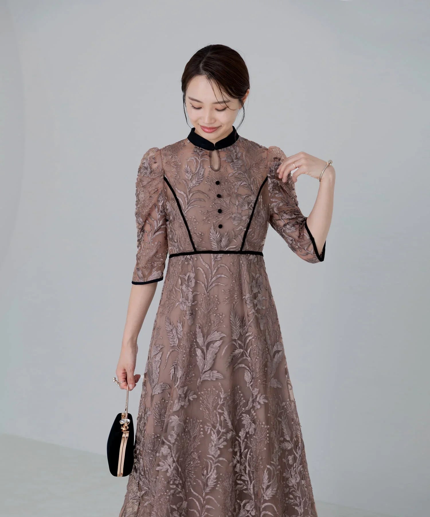 【当日発送】花柄チュールパフスリーブワンピースドレス