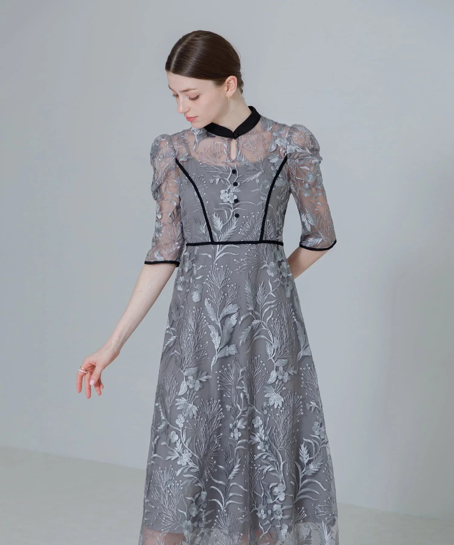 【当日発送】花柄チュールパフスリーブワンピースドレス