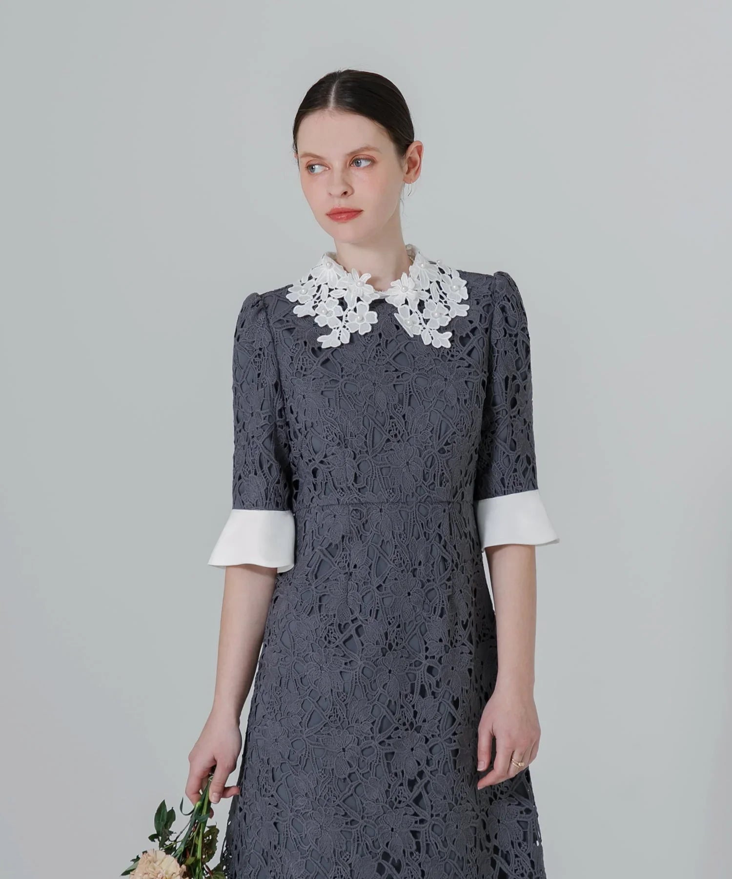 【当日発送】花柄レースカラースパンコールAラインワンピースドレス