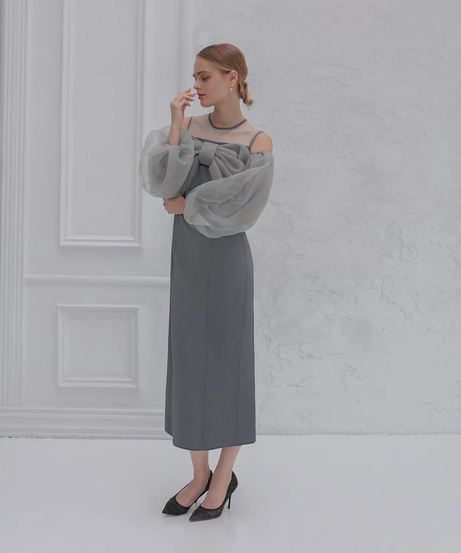 【当日発送】フロントリボンチュールIラインワンピースドレス