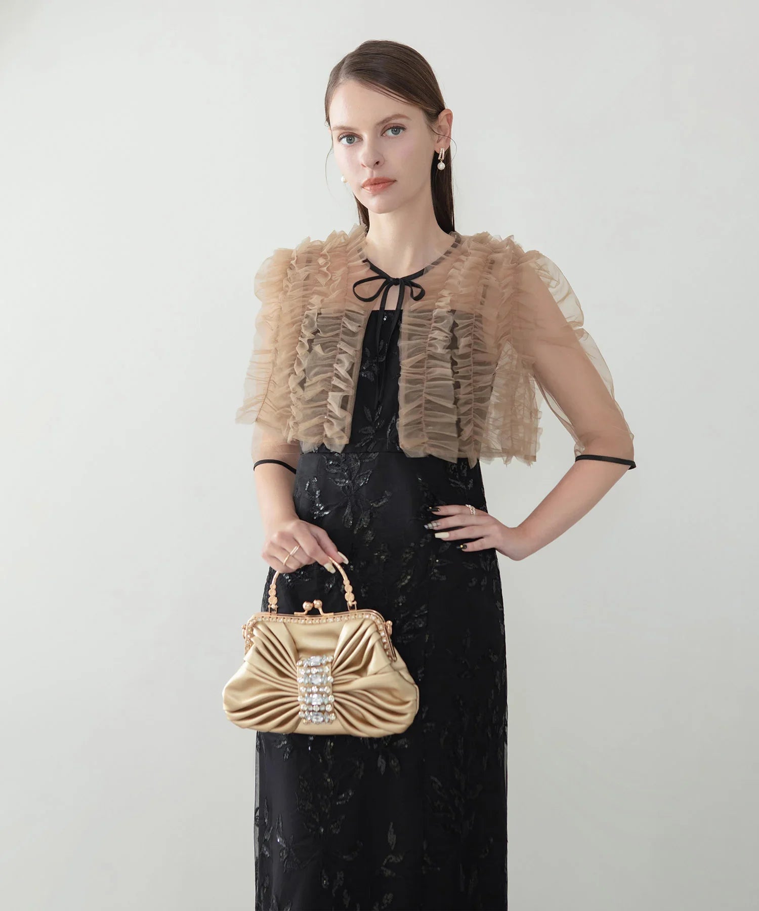 【当日発送】チュールフリルボレロフラワースパンコールIラインワンピースドレス