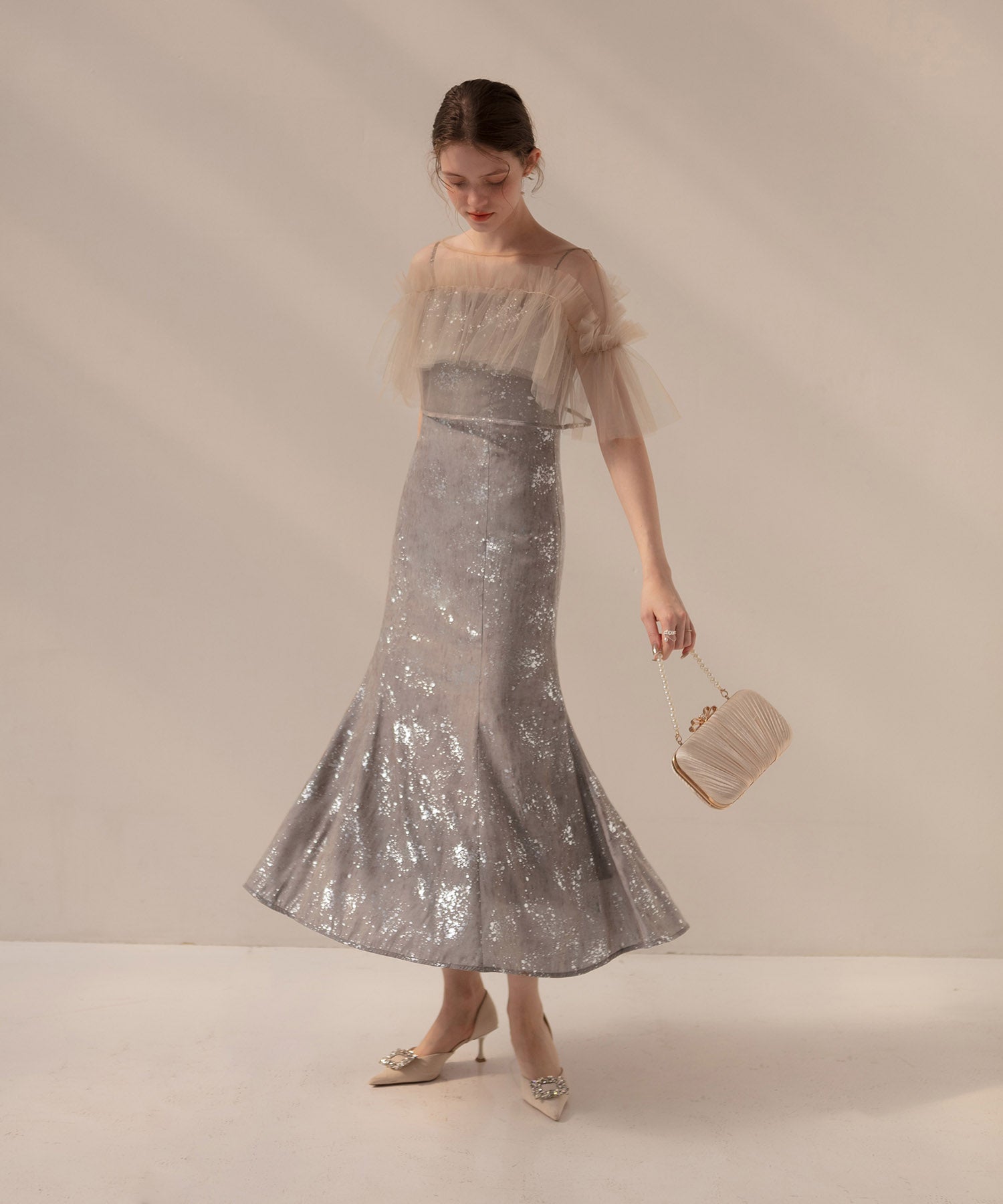 【当日発送】チュールフリルボレロペイントマーメイドワンピースドレス