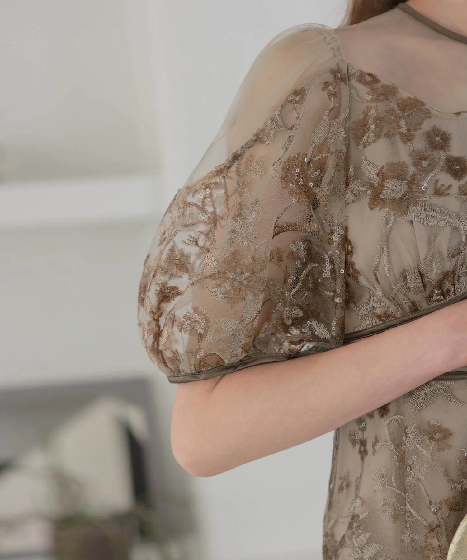 【当日発送】フラワーディテールパフスリーブIラインワンピースドレス