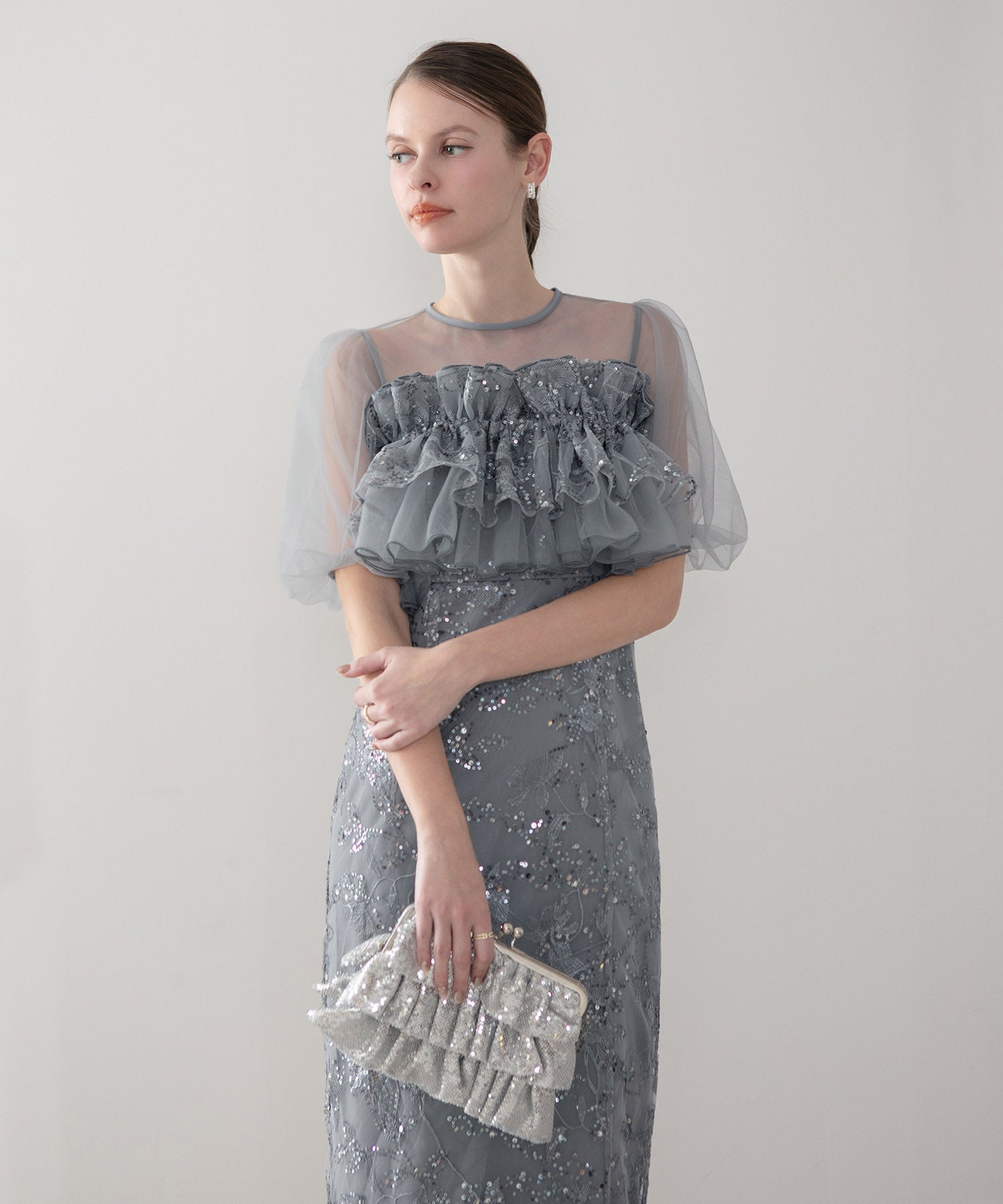 【一部当日発送】3WAYチュールラッフルフラワースパンコールIラインワンピースドレス