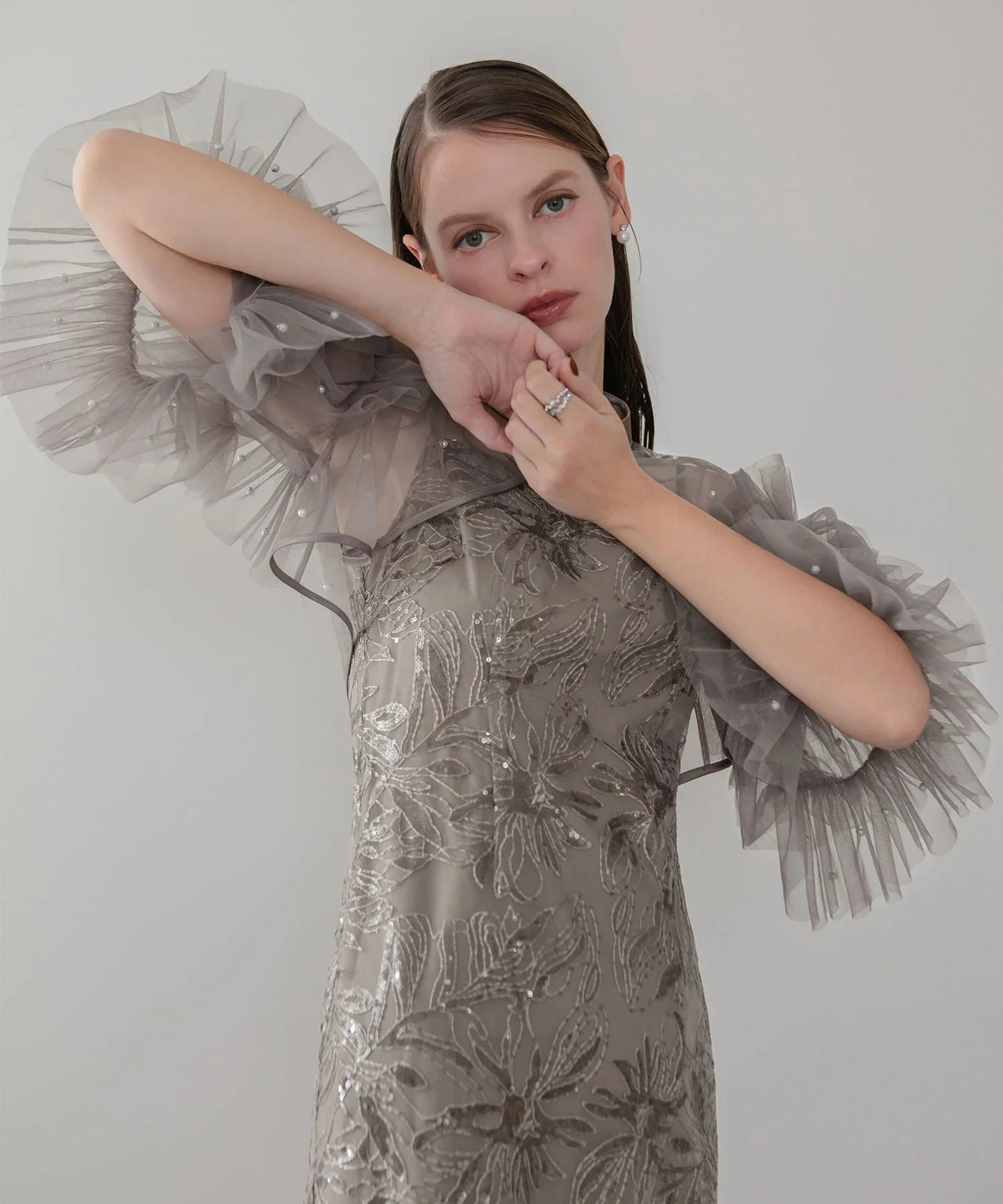 【当日発送】パールフリルチュールボレロレイヤードIラインワンピースドレス