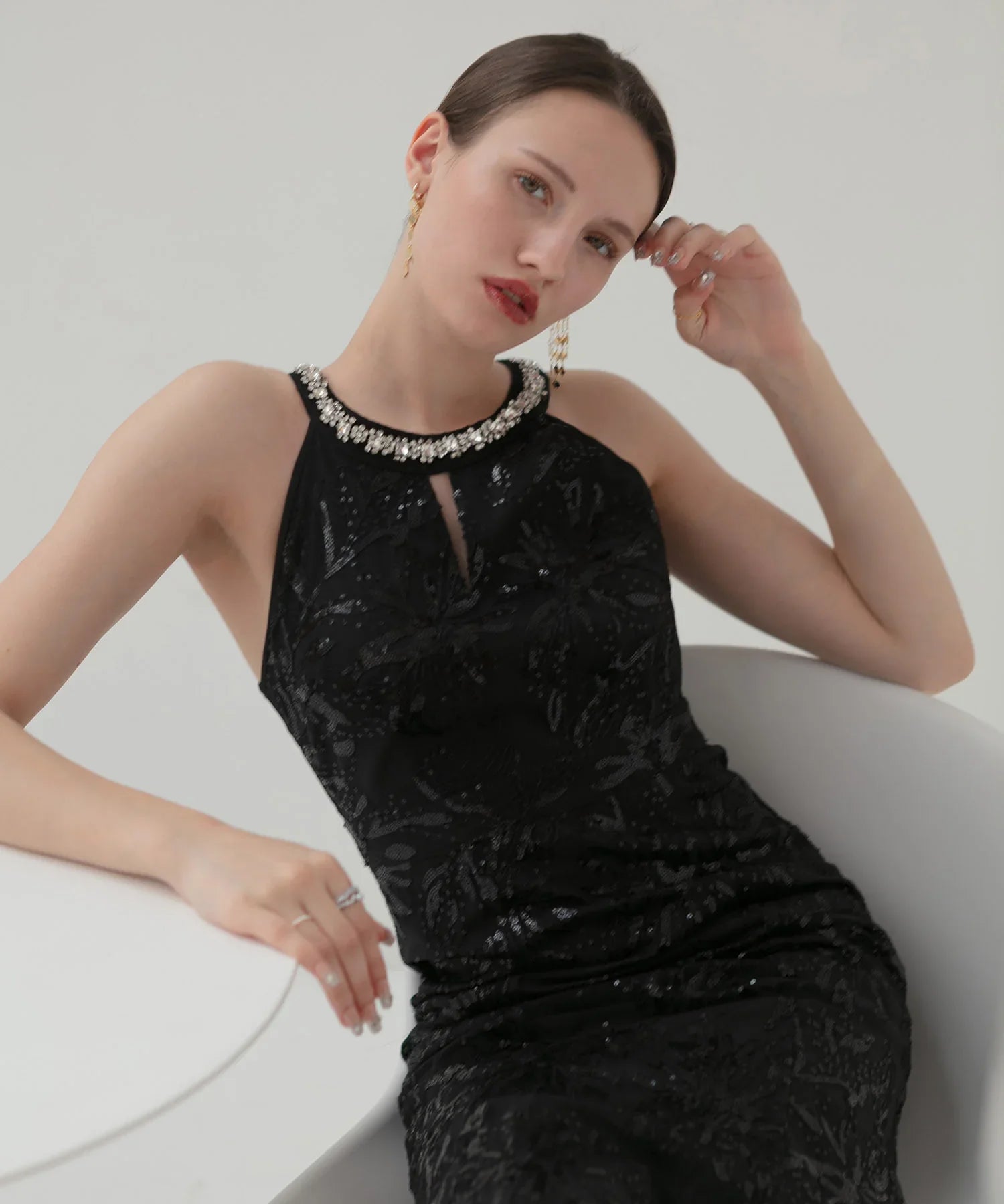 【LEJA LUXE】Beaded halter neck botanical mermaid dress