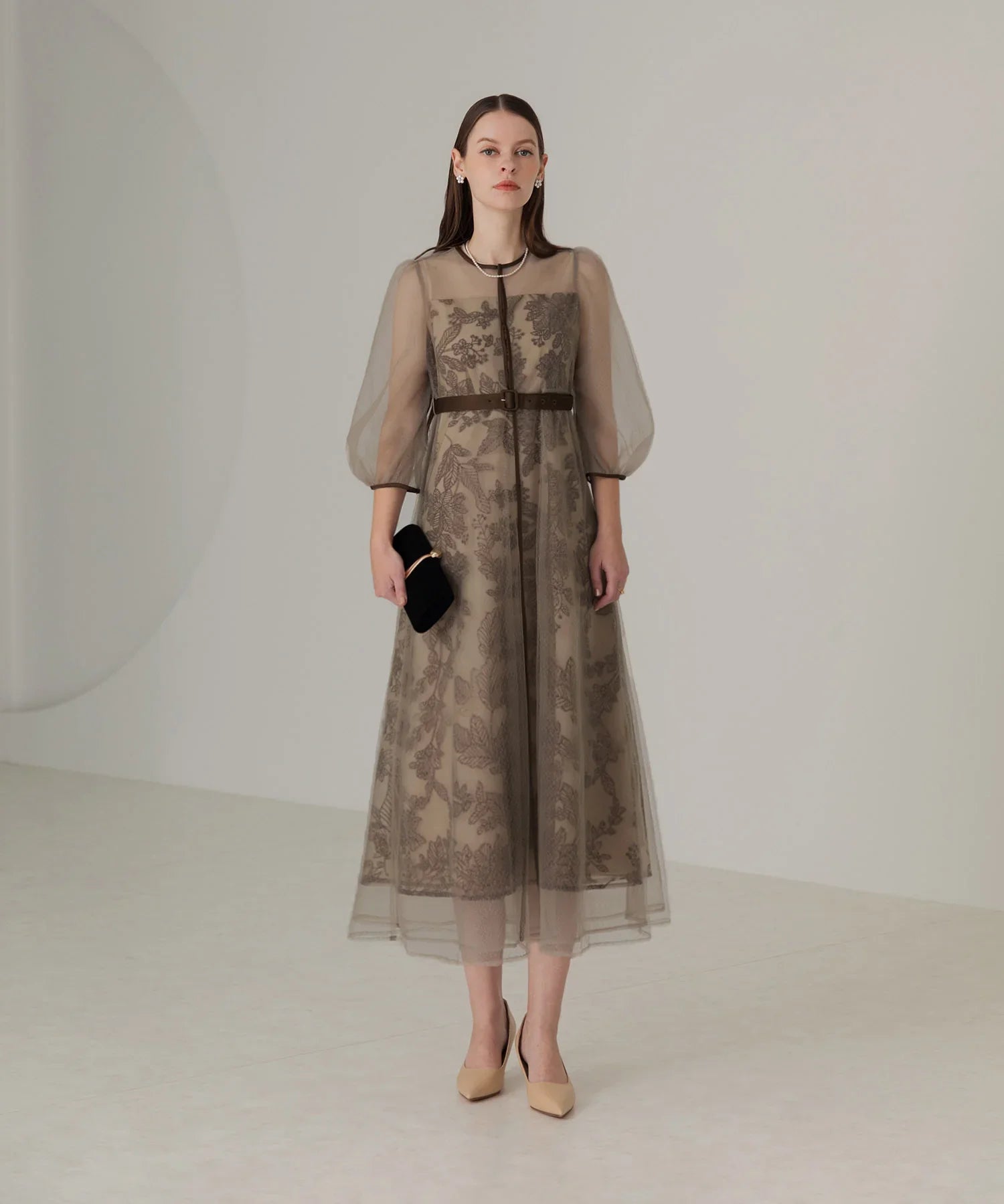 【当日発送】チュールパイピングリーフベルトAラインワンピースドレス