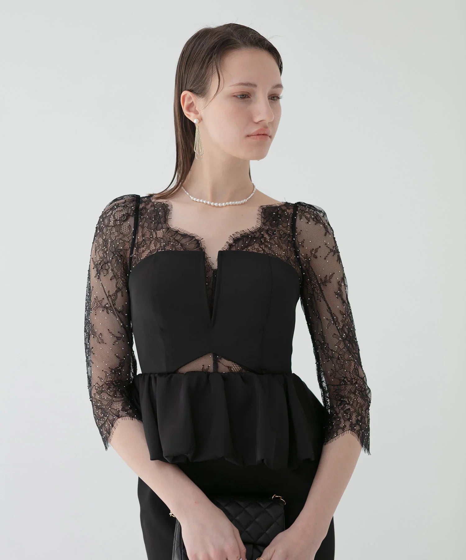 【LEJA LUXE】Lace stone peplum mermaid dress