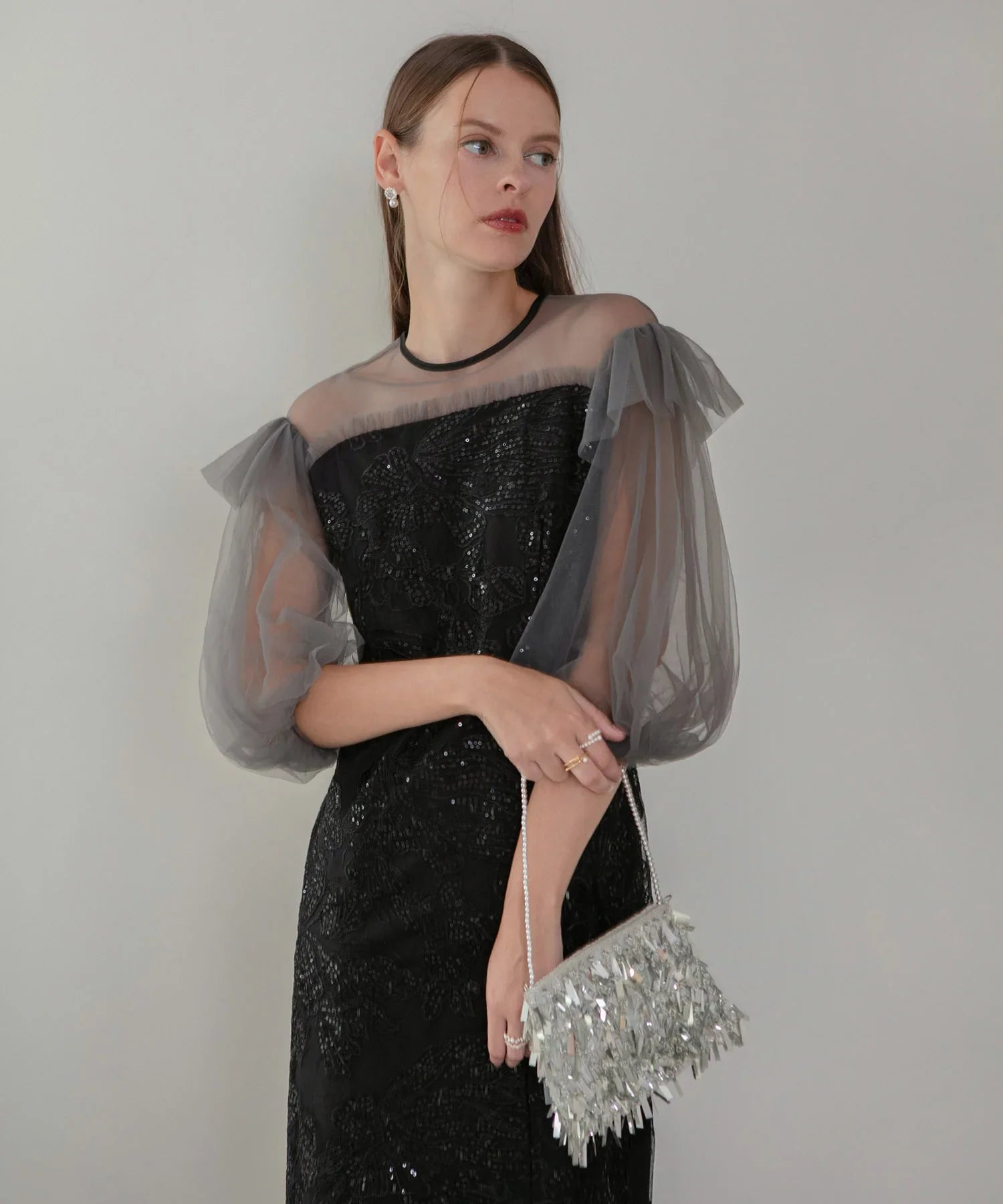 【一部当日発送】フラワースパンコールシアーフリルスリーブIラインワンピースドレス