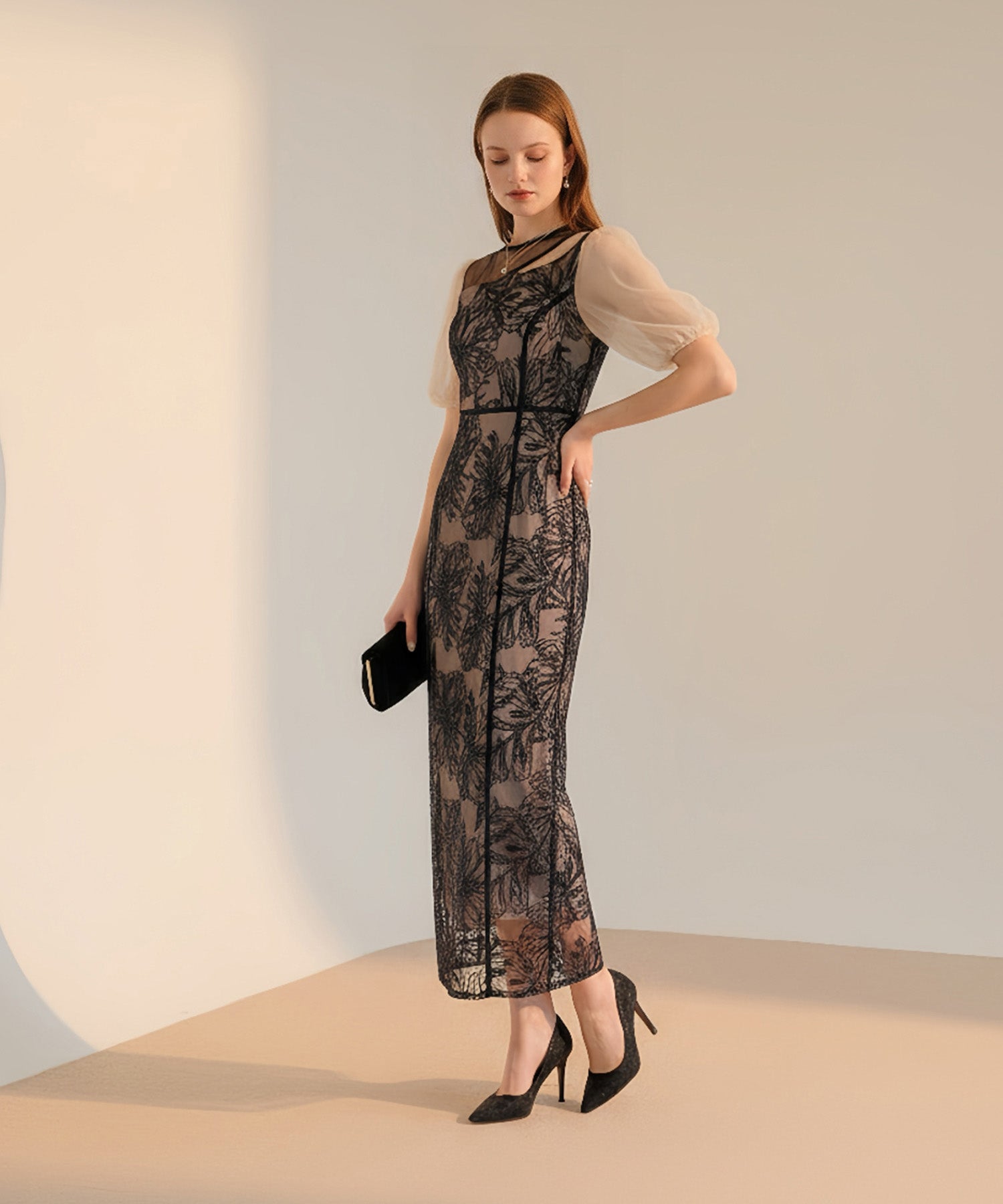 【当日発送】アシンメトリーシアーフラワーワンピースドレス