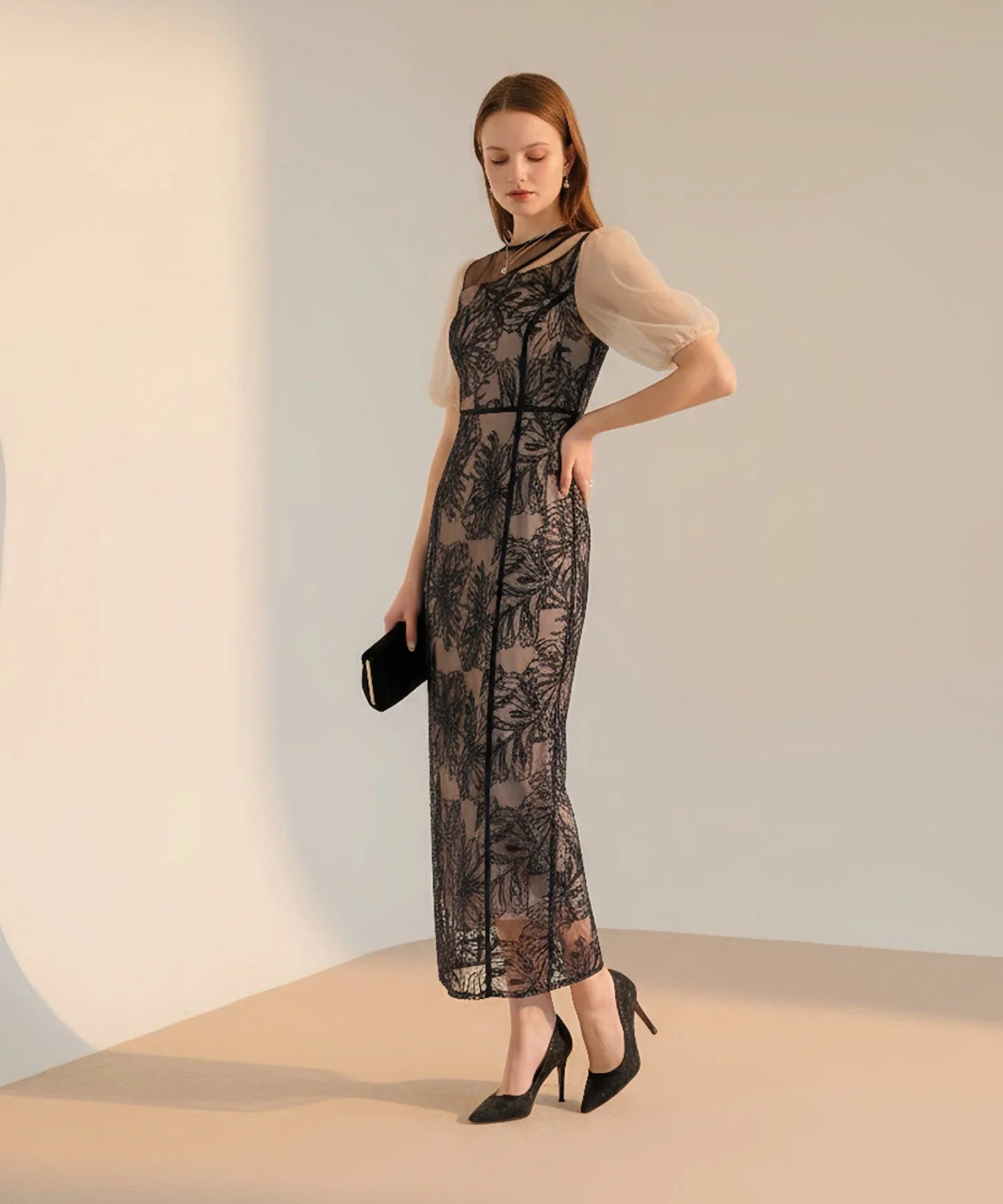 【当日発送】アシンメトリーシアーフラワーワンピースドレス