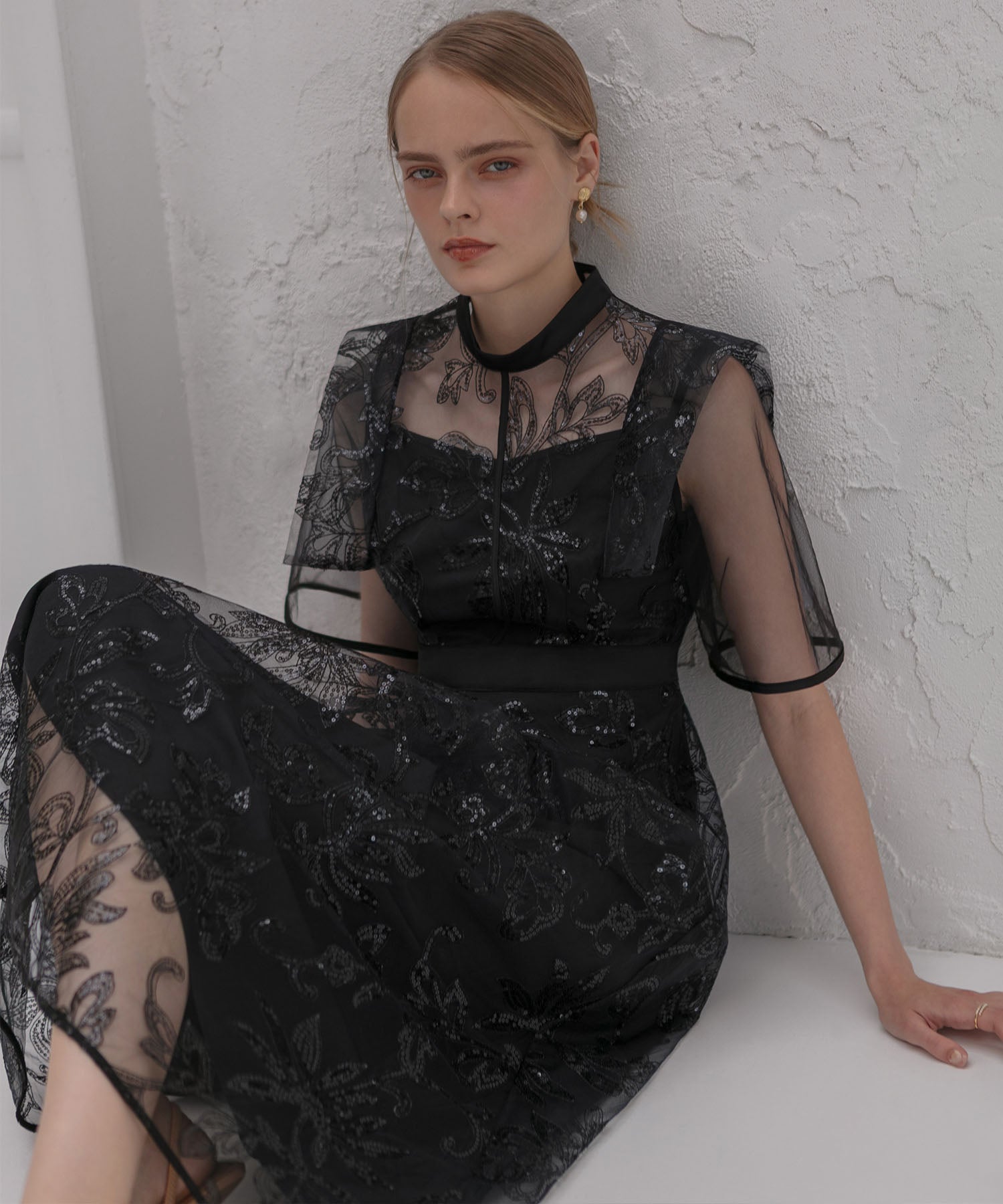 【一部当日発送】フラップデザインフラワースパンコールAラインワンピースドレス