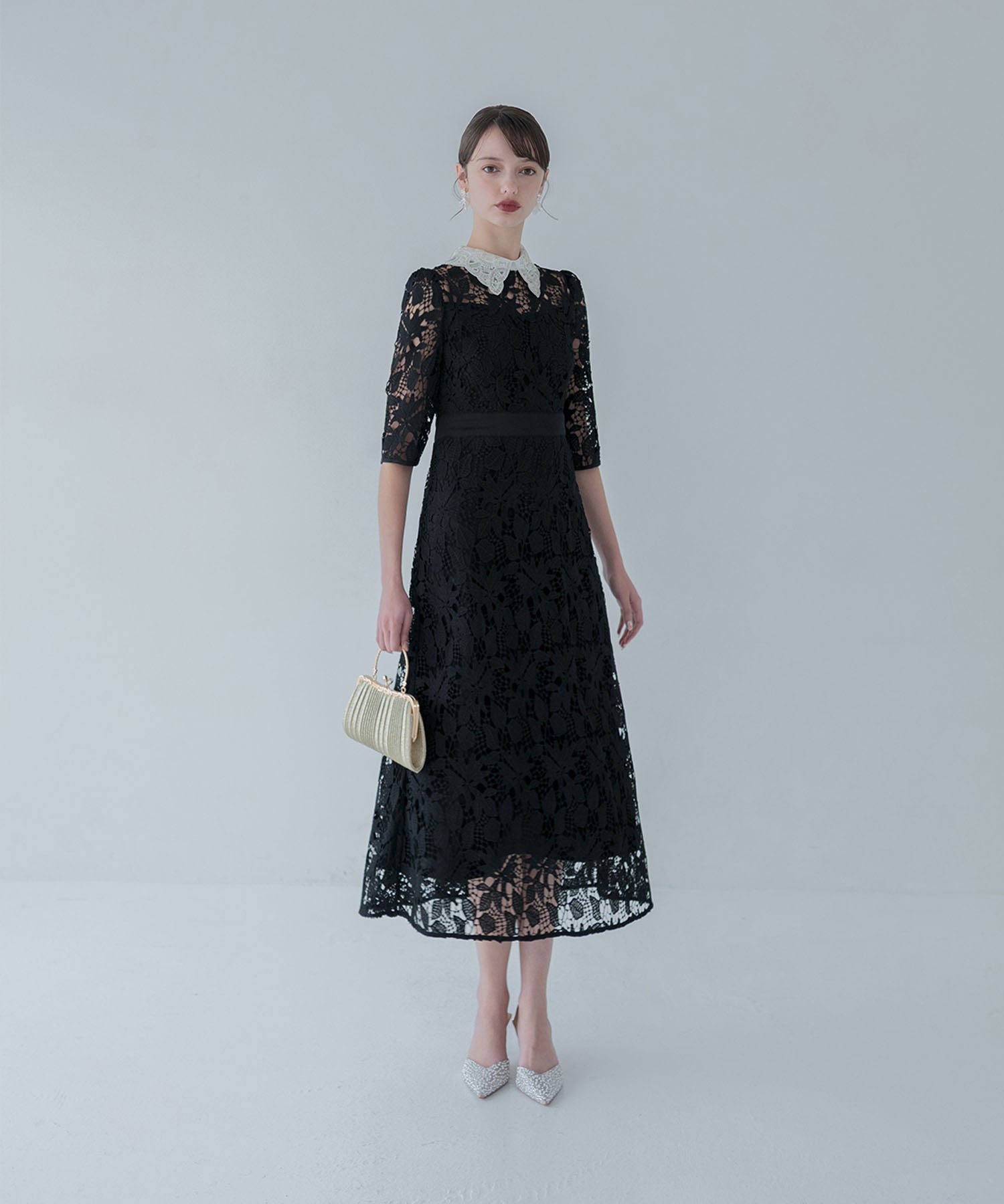 【一部当日発送】花柄レースビジューカラーAラインワンピースドレス