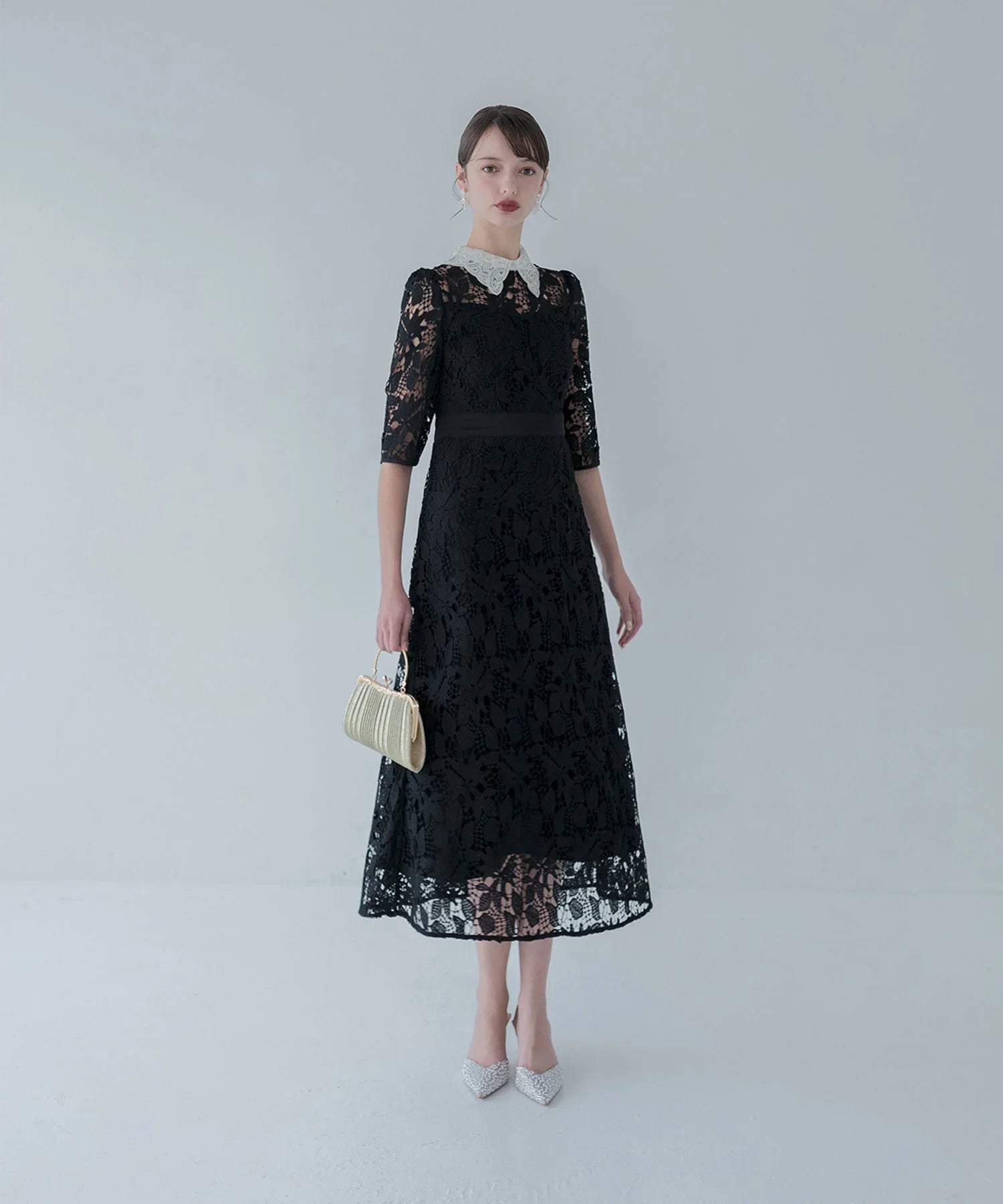 【一部当日発送】花柄レースビジューカラーAラインワンピースドレス