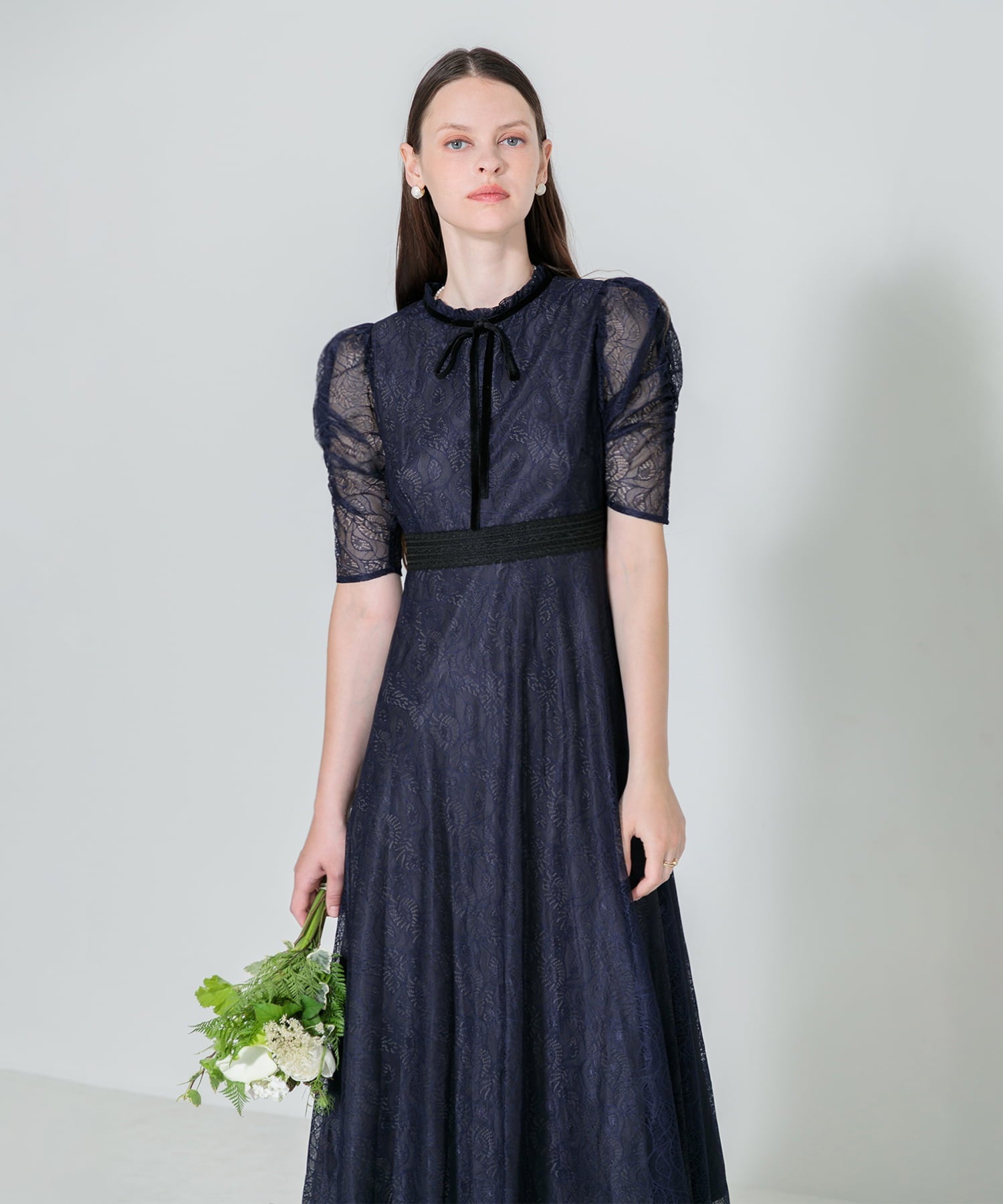 【当日発送】ウエストマークパフスリーブレースロングワンピースドレス