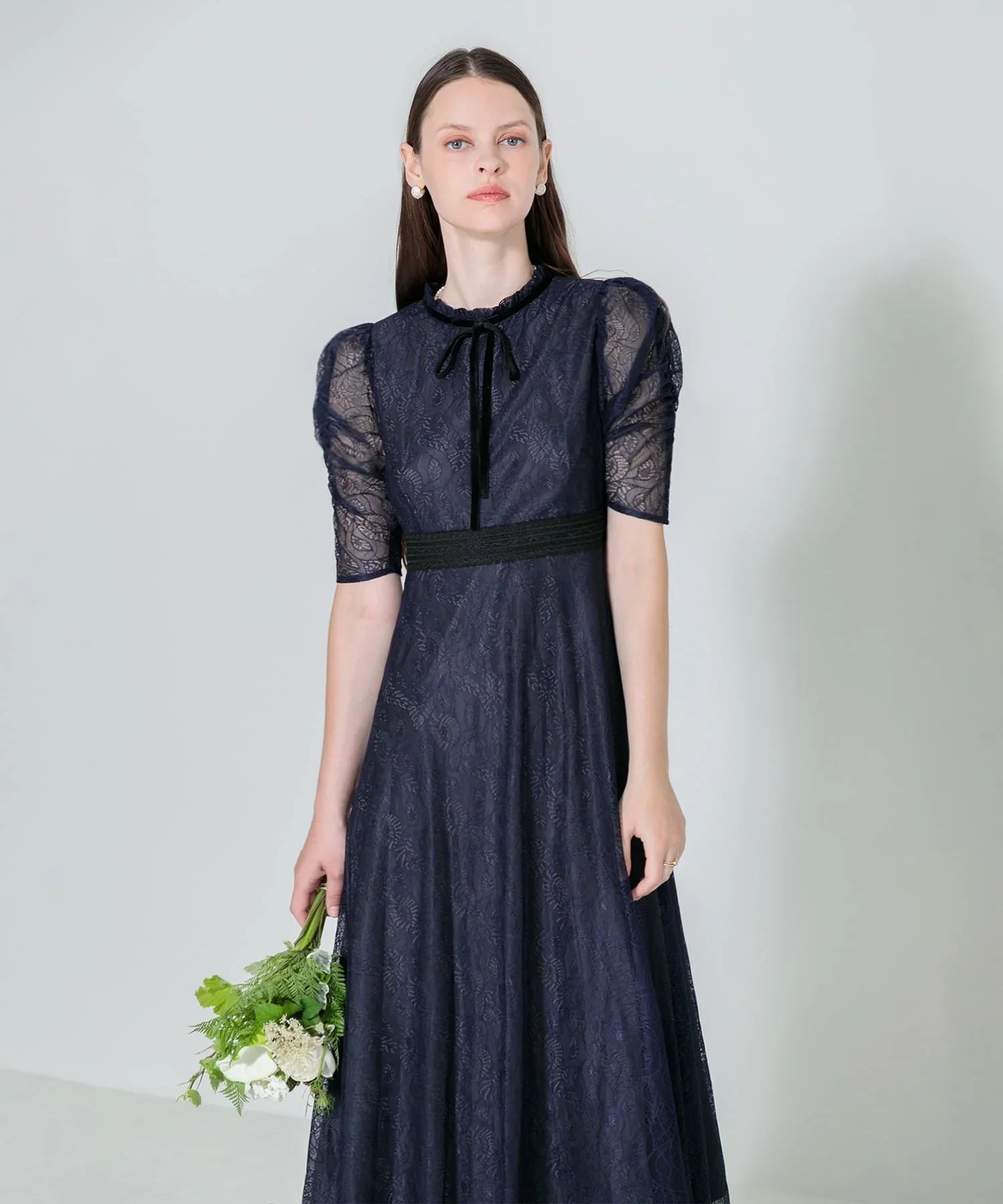 【当日発送】ウエストマークパフスリーブレースロングワンピースドレス