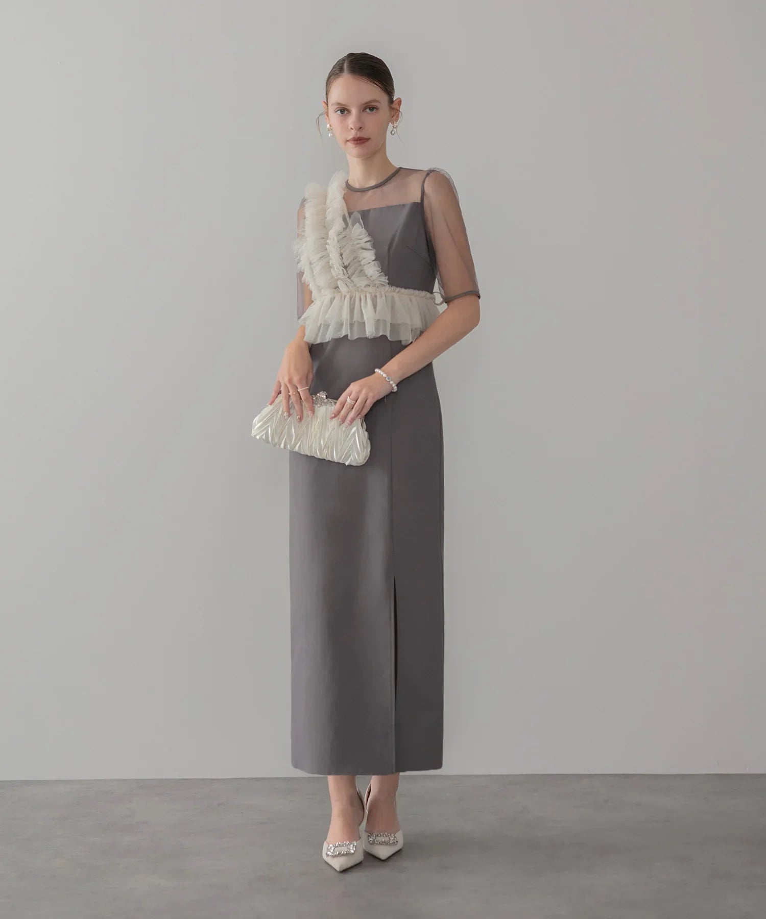 【当日発送】アシンメトリーフリルチュールIラインワンピースドレス