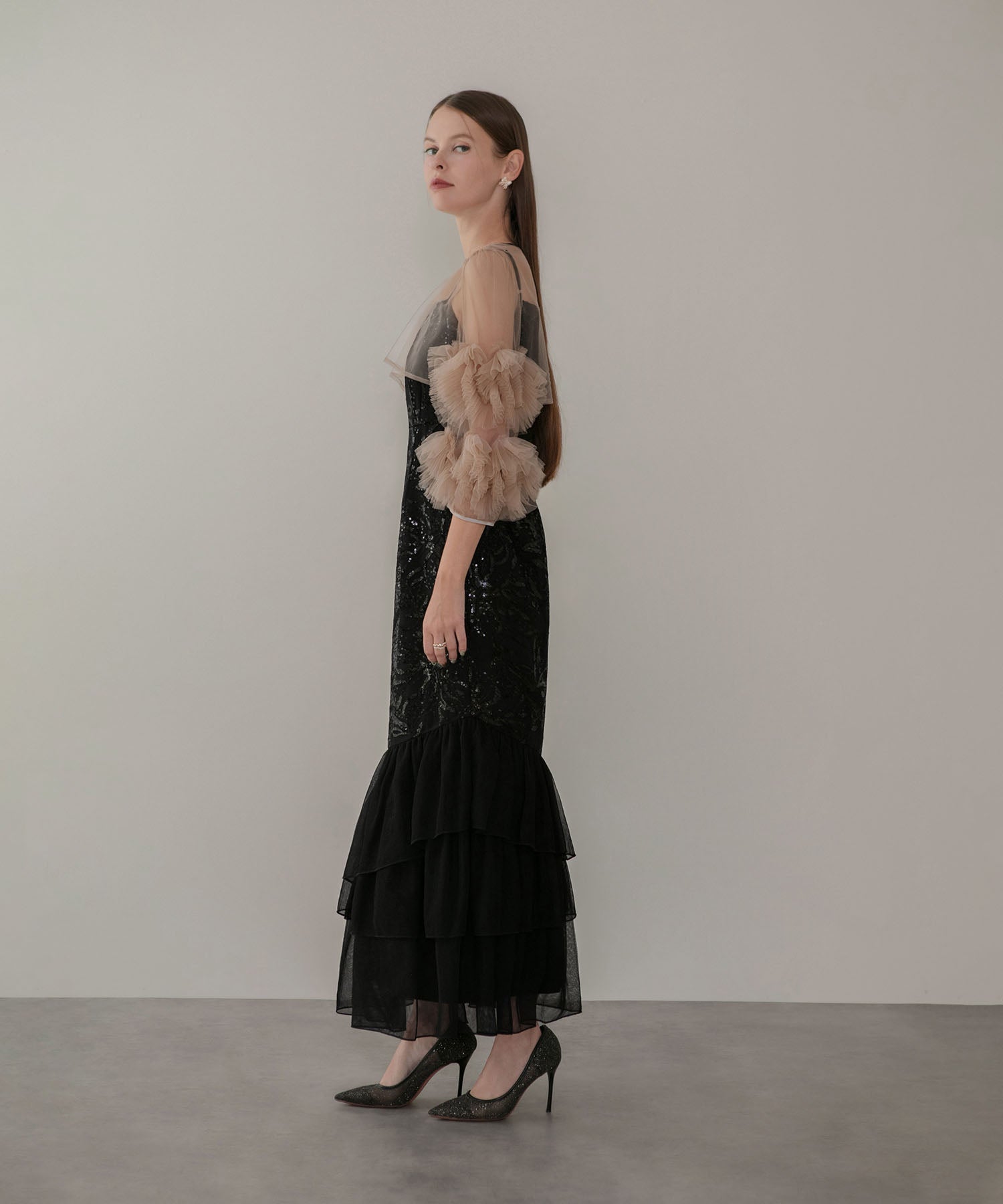 【一部当日発送】フラワースパンコールチュールフリルスリーブIラインワンピースドレス