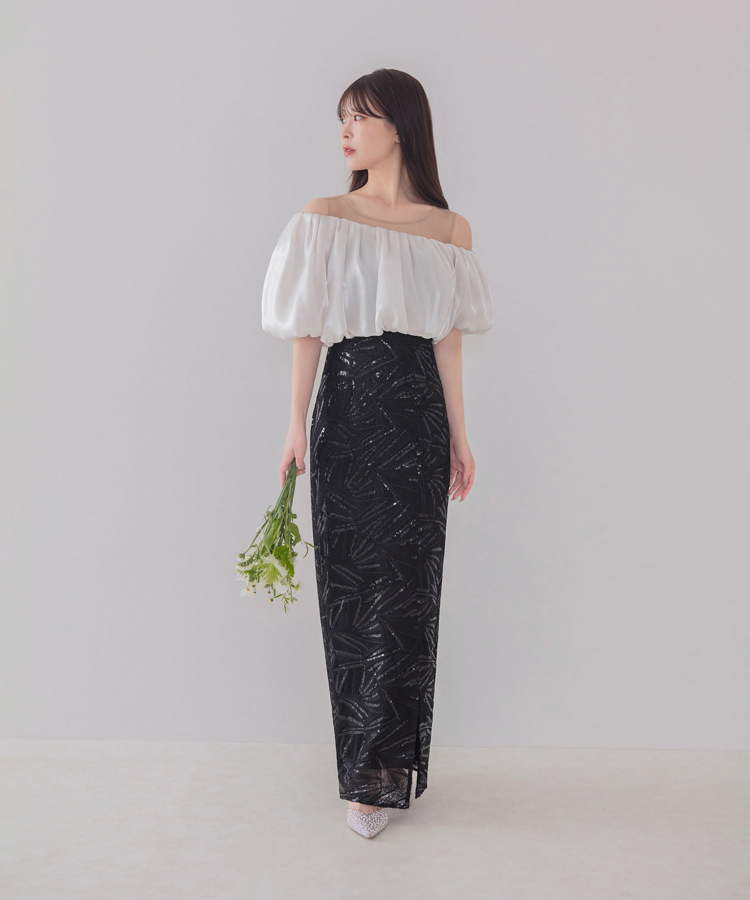 【COMING SOON】オフショルダースパンコールIラインスリットワンピースドレス