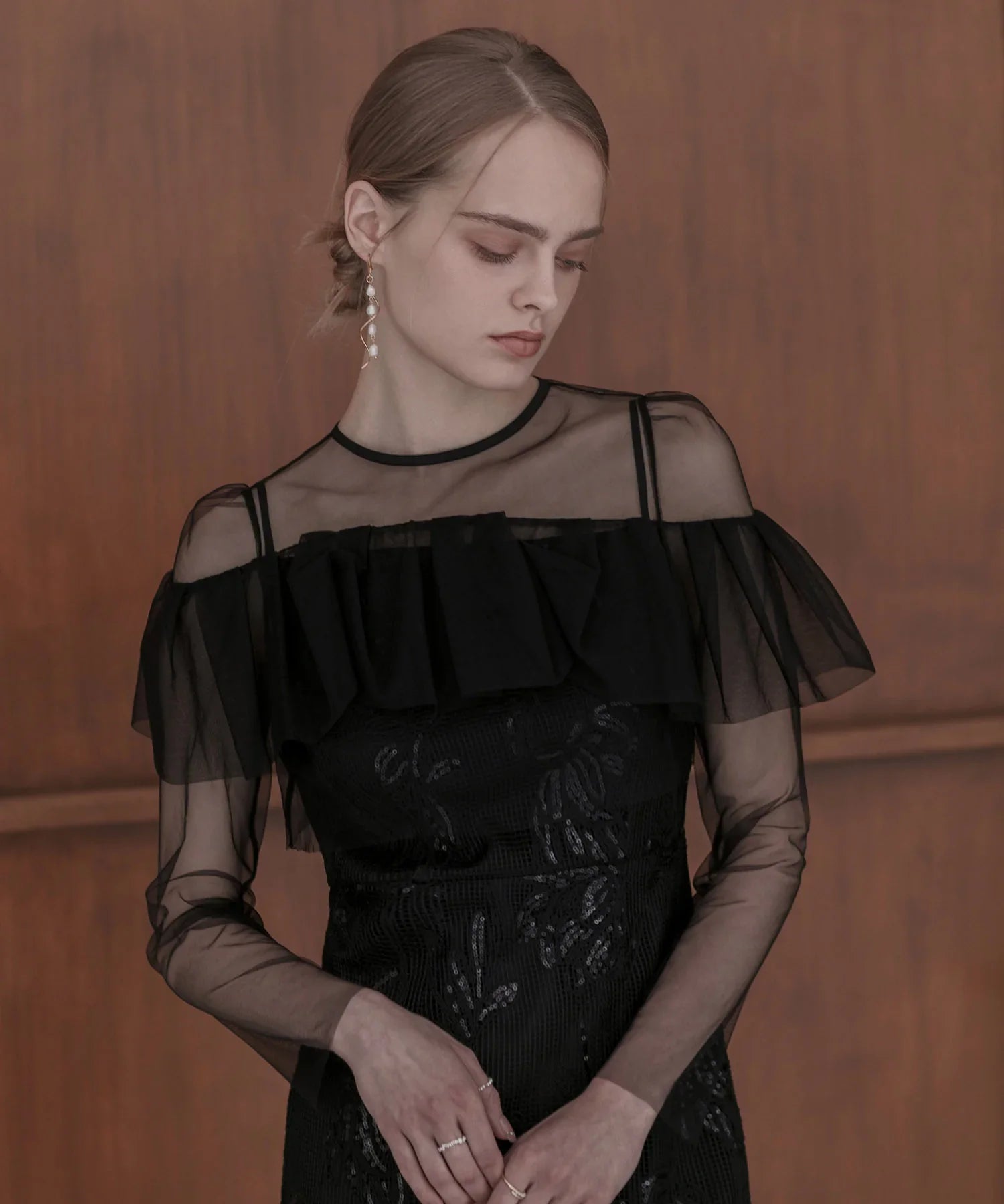 【当日発送】2WAYアシンメトリーフリルチュールフラワーIラインワンピースドレス