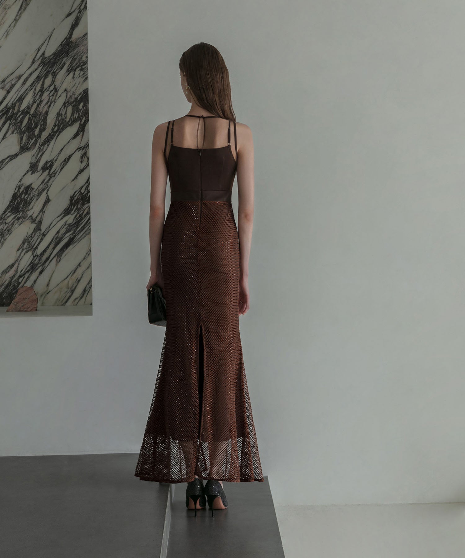 【LEJA LUXE】VネックメッシュストーンIラインドレス