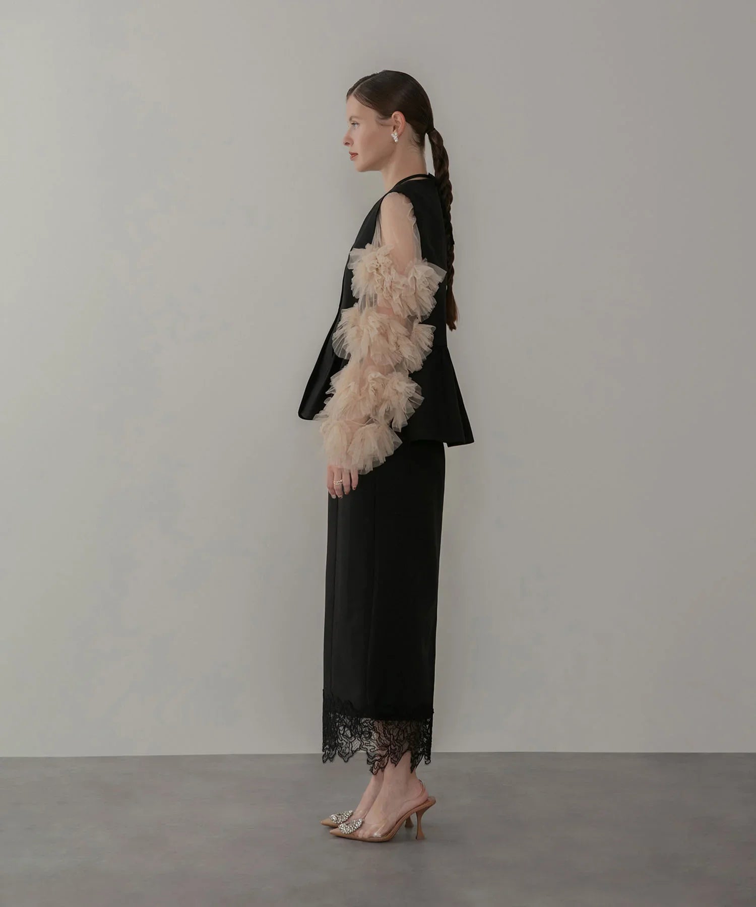 【当日発送】チュールフリルスリーブベストセットワンピースドレス