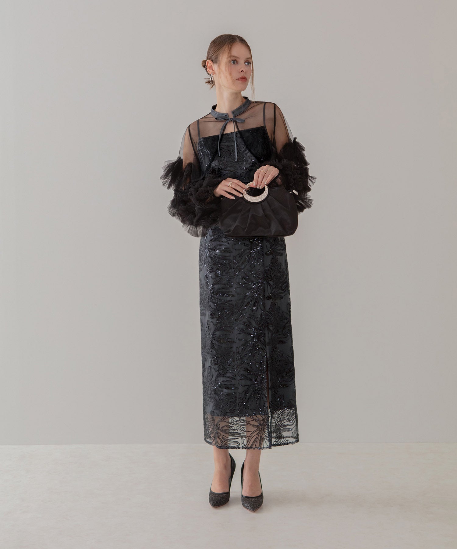 【一部当日発送】フリルチュールスリーブリボンIラインワンピースドレス