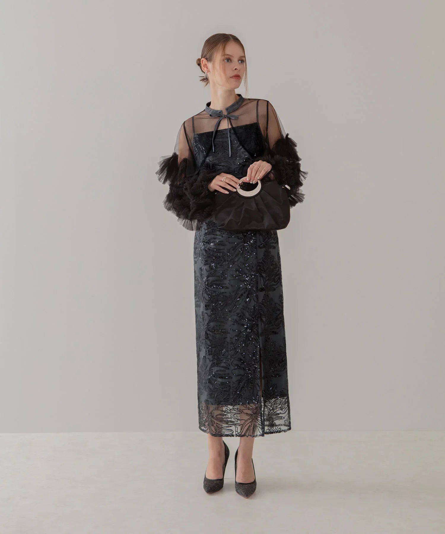 【一部当日発送】フリルチュールスリーブリボンIラインワンピースドレス