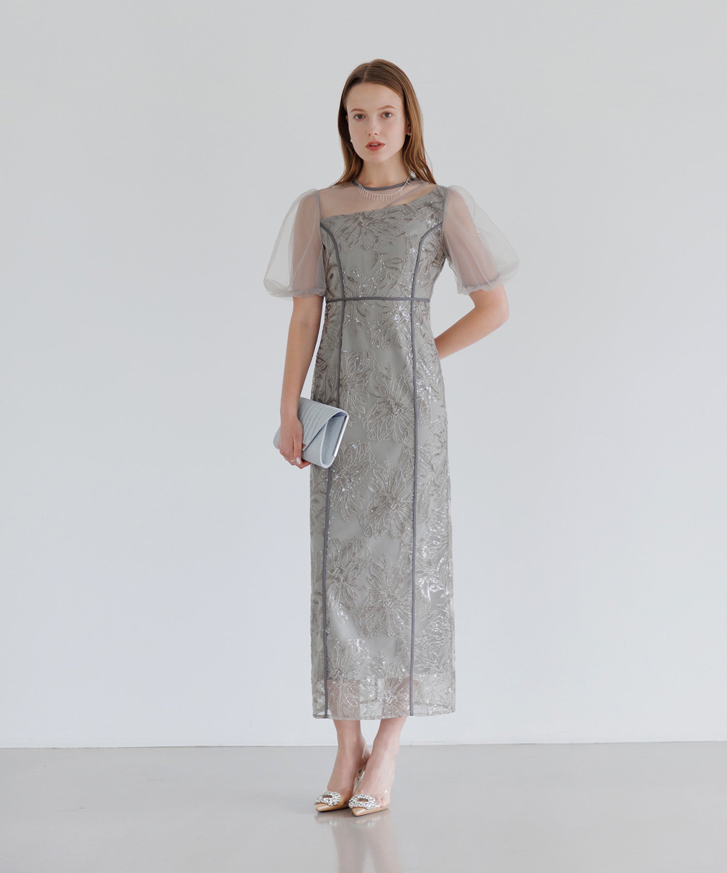 【当日発送】アシンメトリーシアーフラワーワンピースドレス