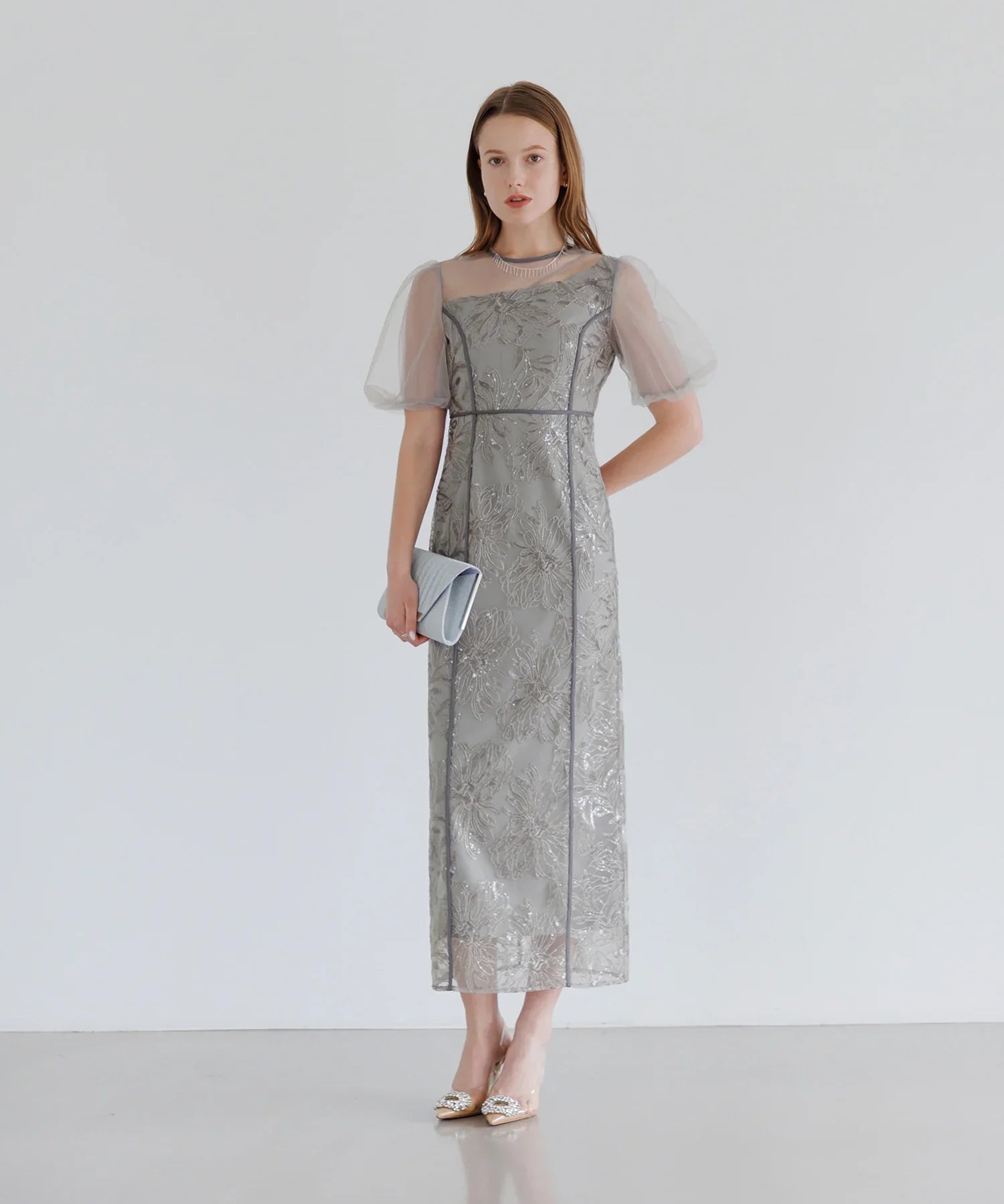 【当日発送】アシンメトリーシアーフラワーワンピースドレス