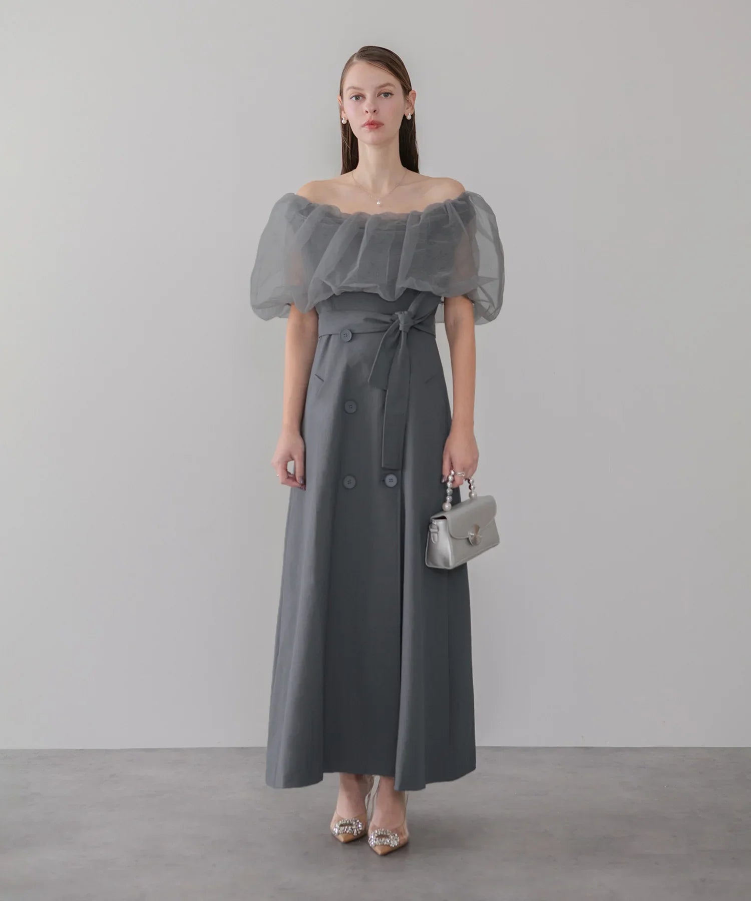 【当日発送】3WAYオフショルチュールトレンチディティールワンピ―スドレス