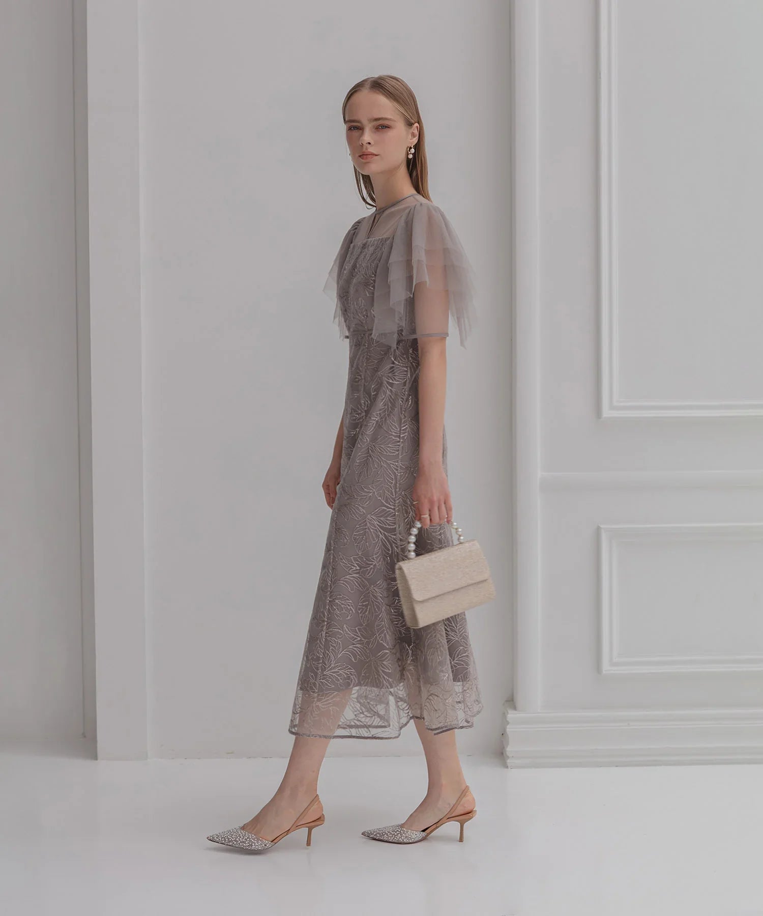 【当日発送】チュールスリーブボタニカルマーメイドワンピースドレス