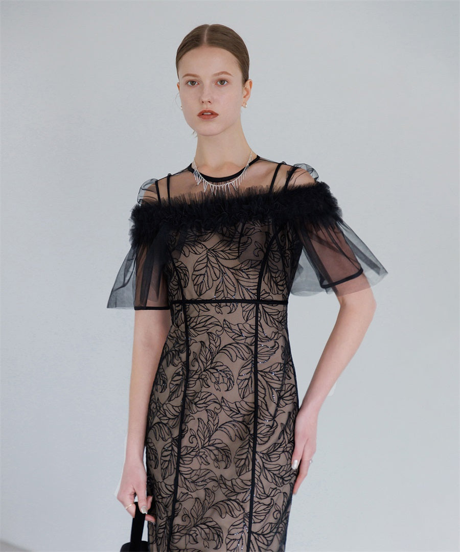 【当日発送】3WAYフラワーチュールアシンメトリーIラインワンピースドレス