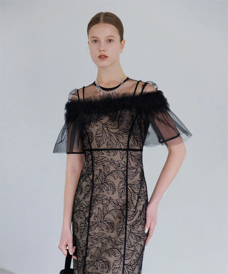 【当日発送】3WAYフラワーチュールアシンメトリーIラインワンピースドレス