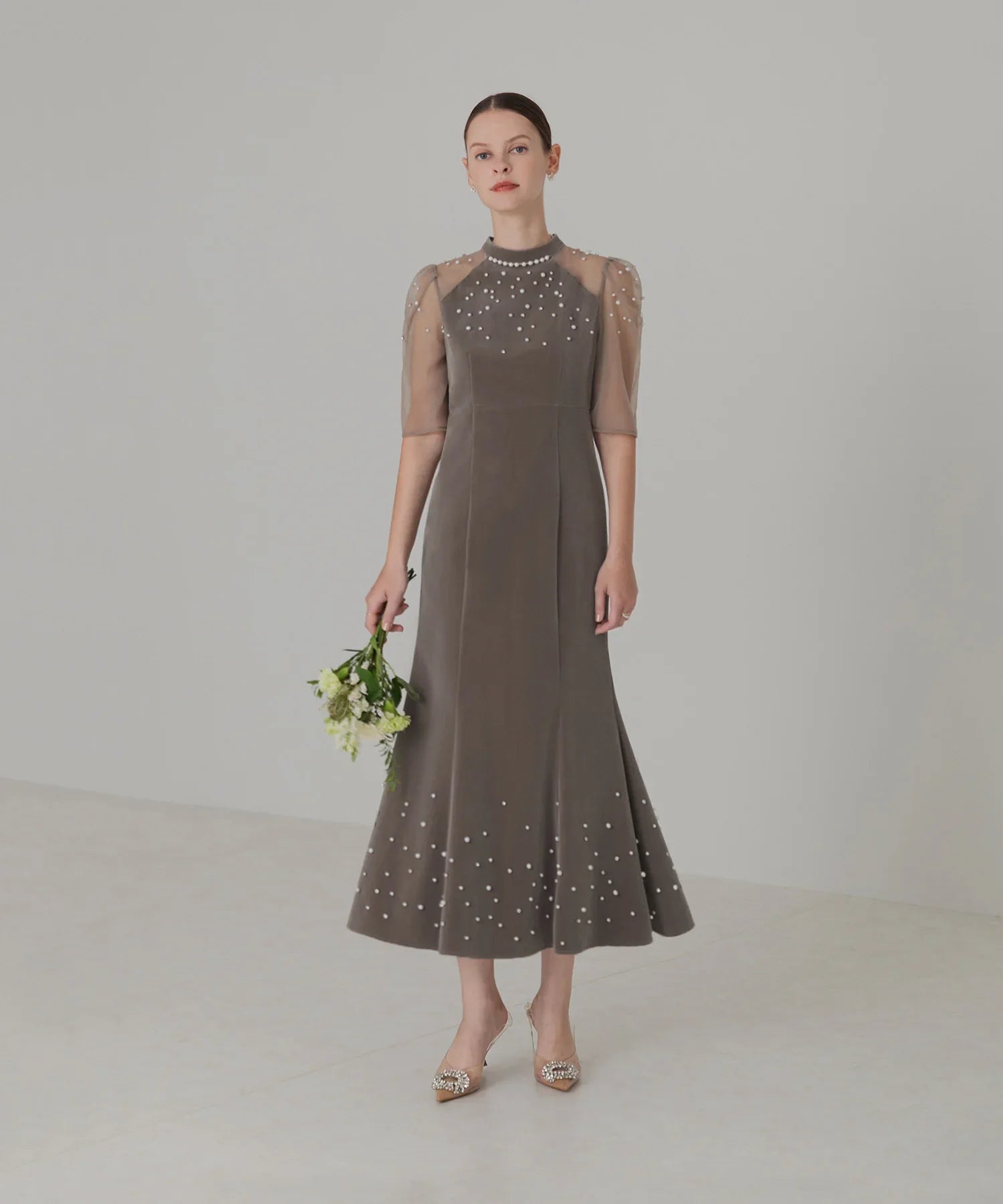 【当日発送】シアースリーブパールビジューベロアマーメイドワンピースドレス