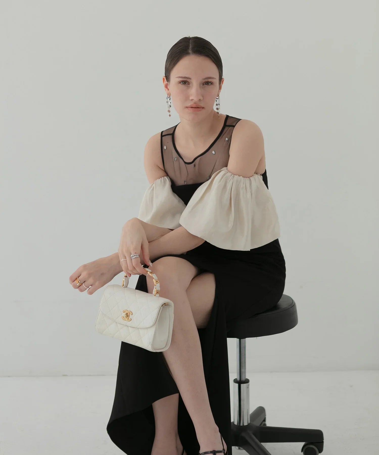 【LEJA LUXE】2WAY front sheer bejeweled I-line dress