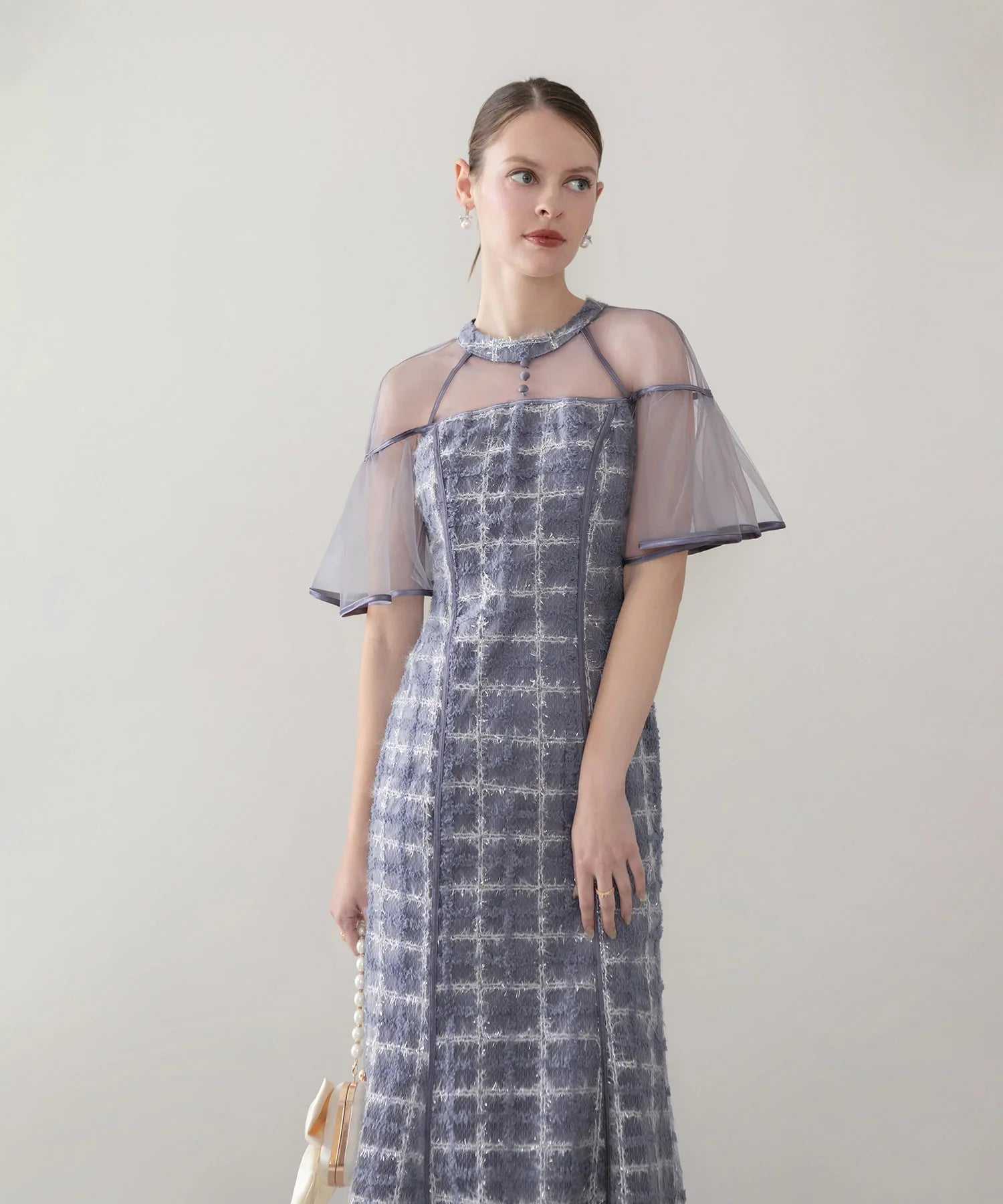 【当日発送】ラメシャギーツイードチェックフリルマーメイドワンピースドレス