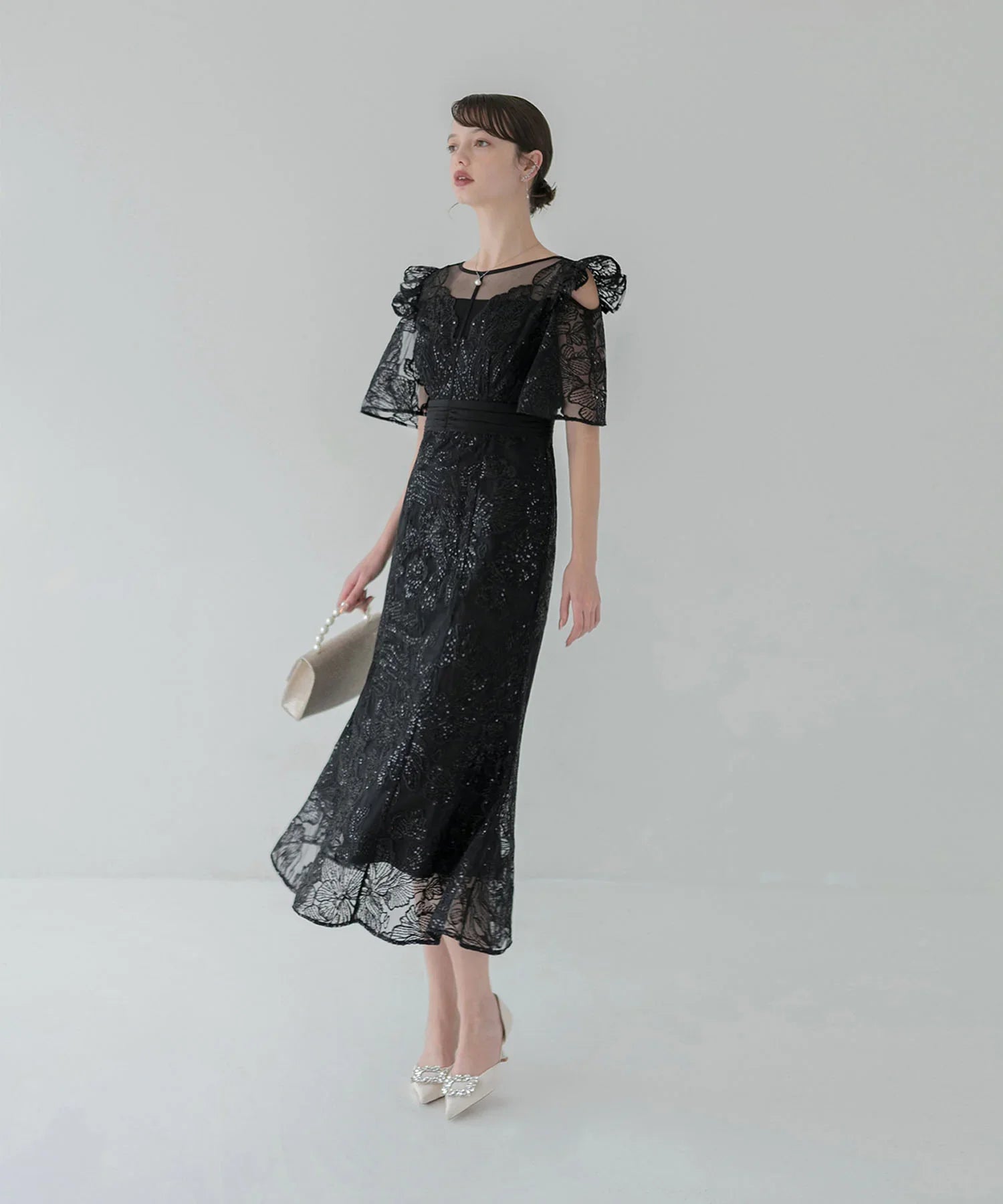 【当日発送】フラワーレースシアーフリルマーメイドワンピースドレス