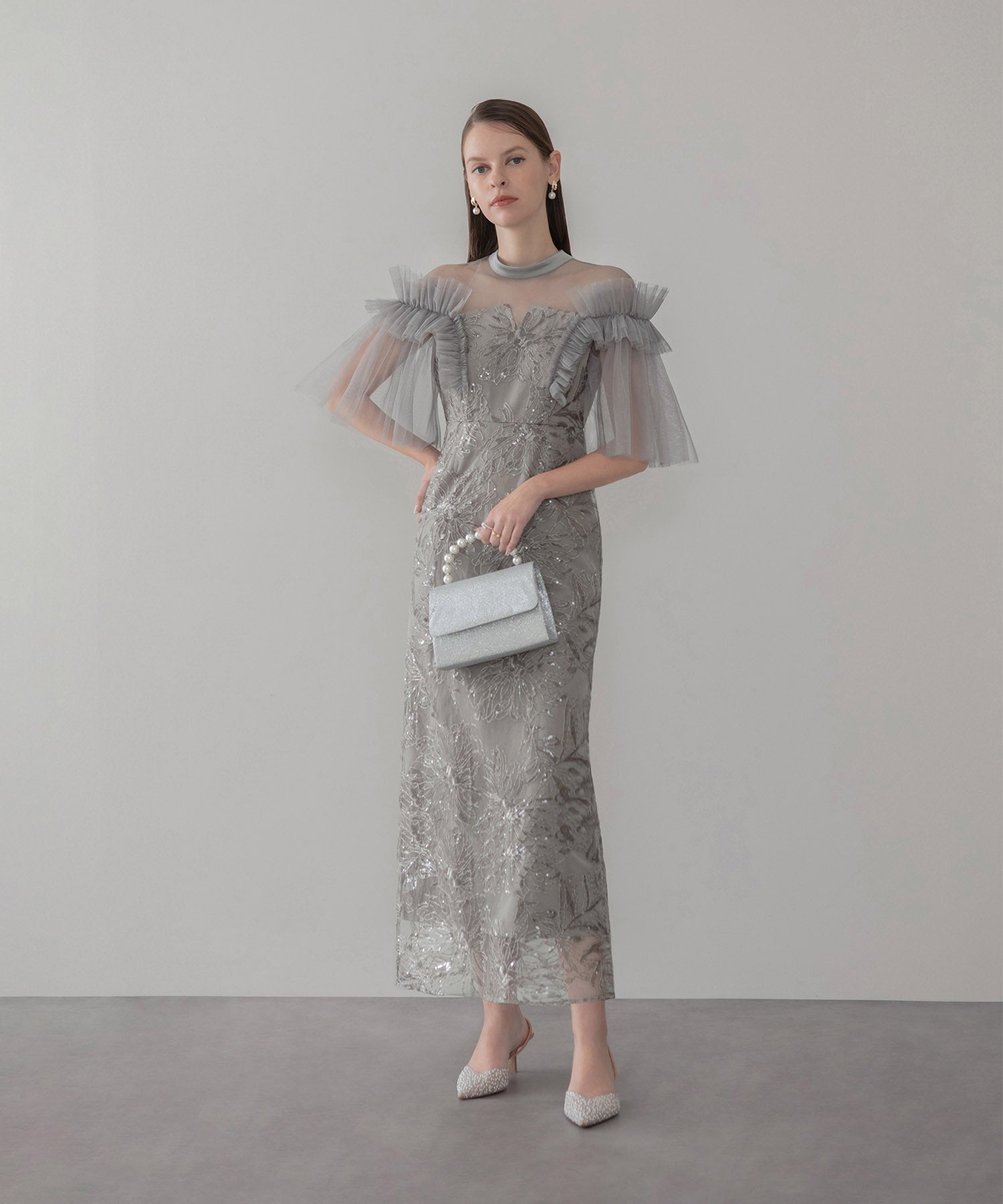 【当日発送】チュールフリルショルダーシアーIラインワンピースドレス