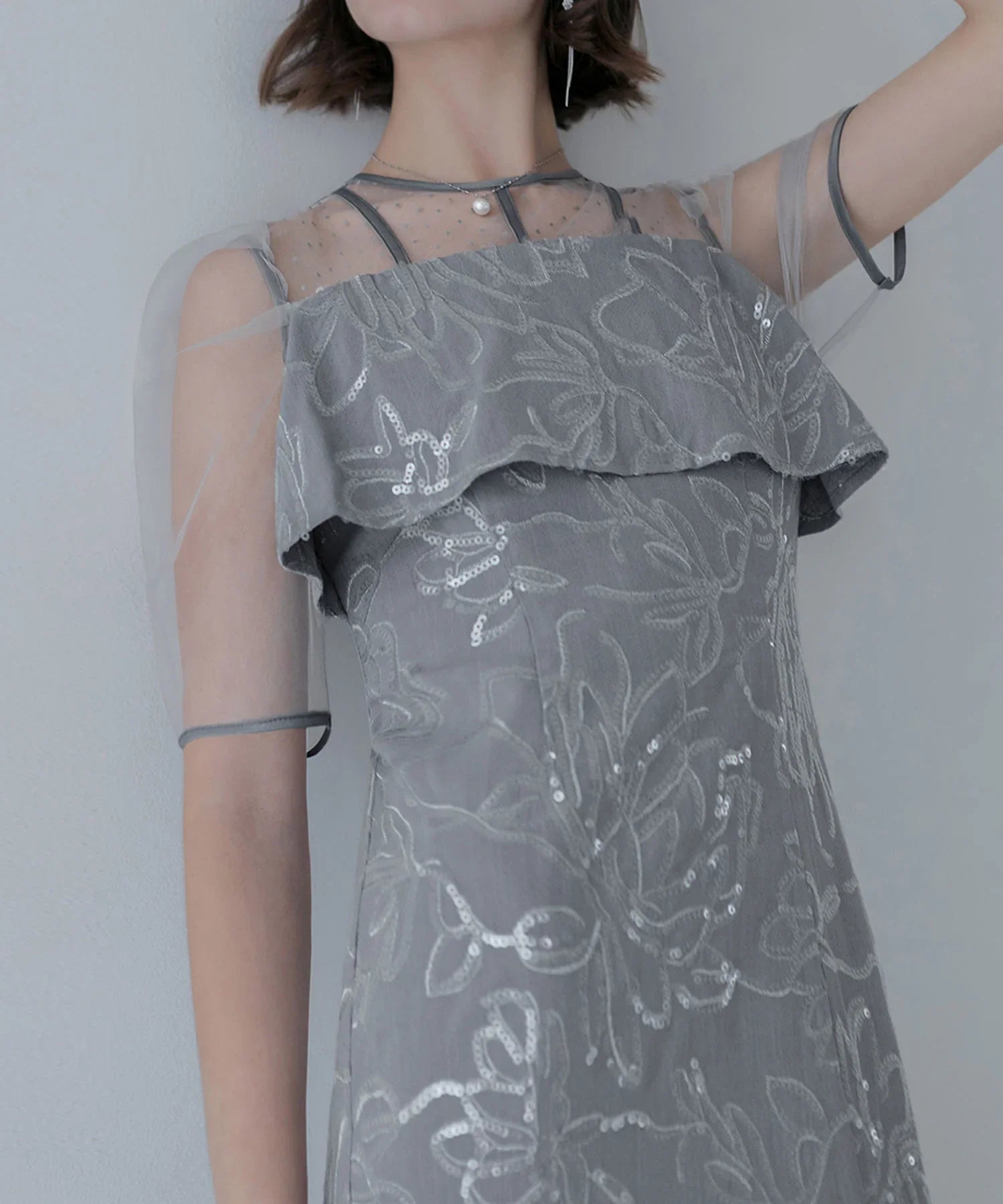 【当日発送】ドットチュールフラワースパンコールIラインワンピースドレス