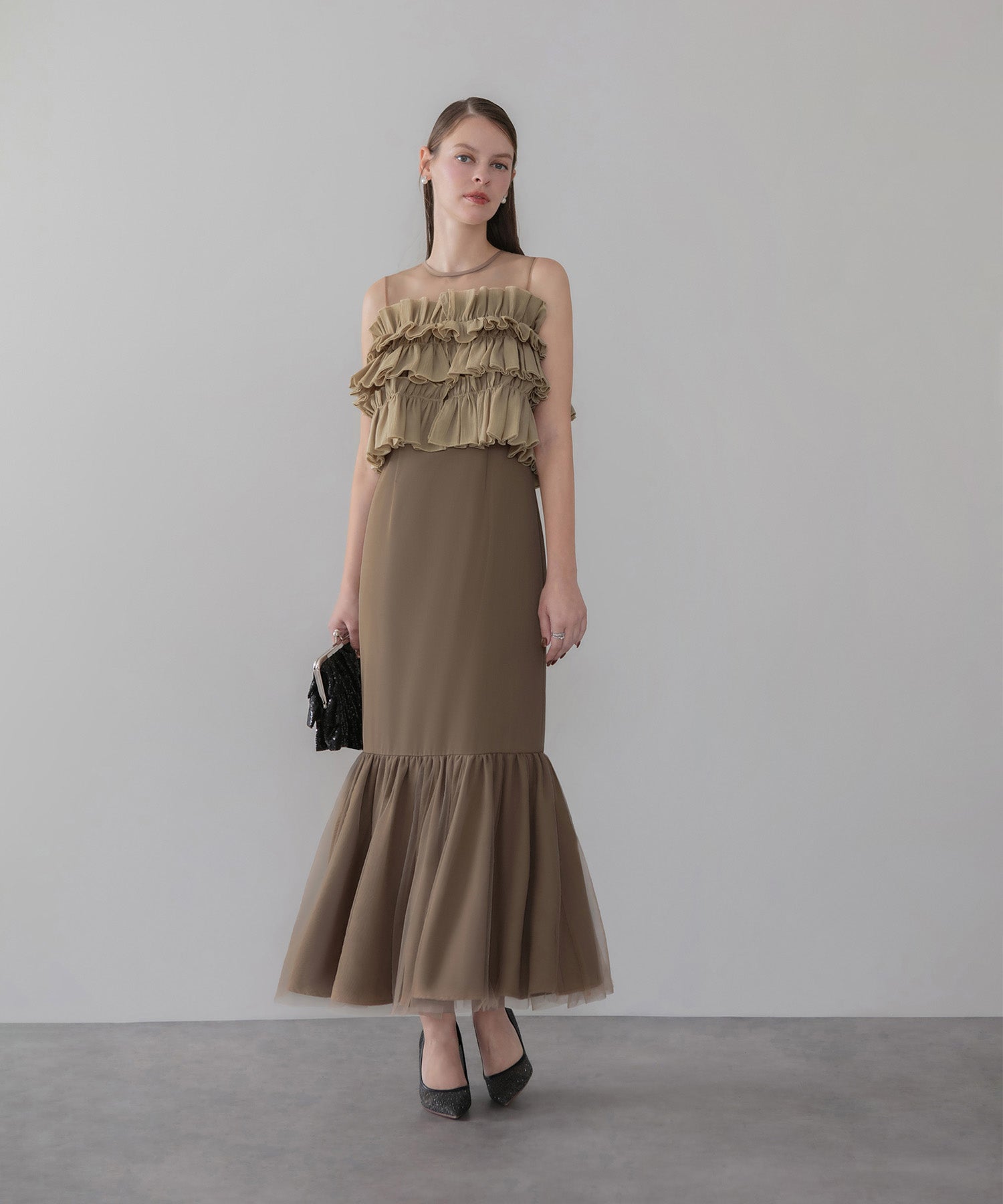 【COMING SOON】3WAYアシンメトリーチュールフリルワンピースドレス