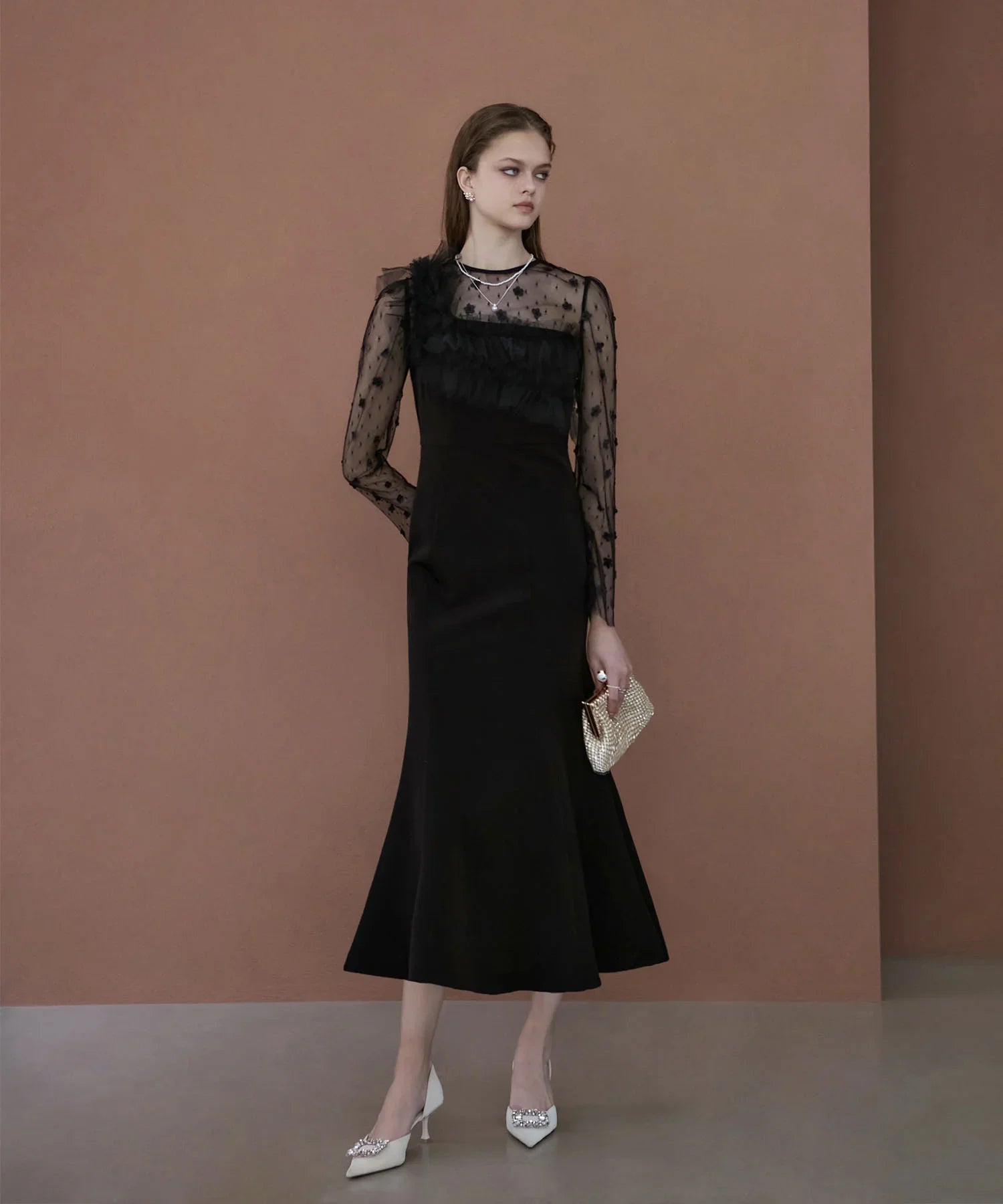 【当日発送】フラワーモチーフアシンメトリーチュールマーメイドワンピースドレス