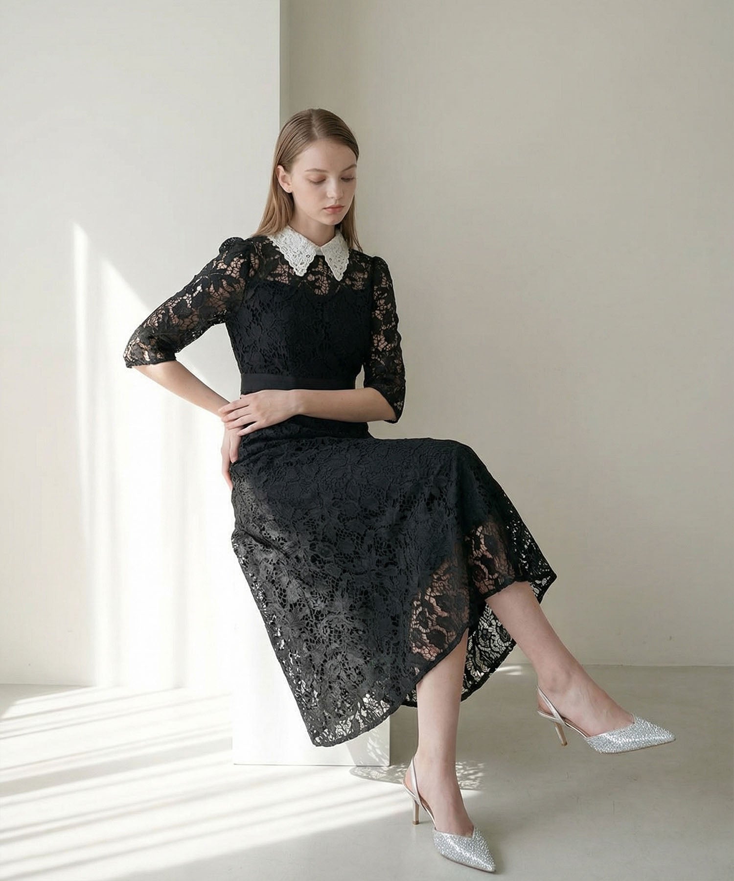 【当日発送】花柄レースビジューカラーAラインワンピースドレス