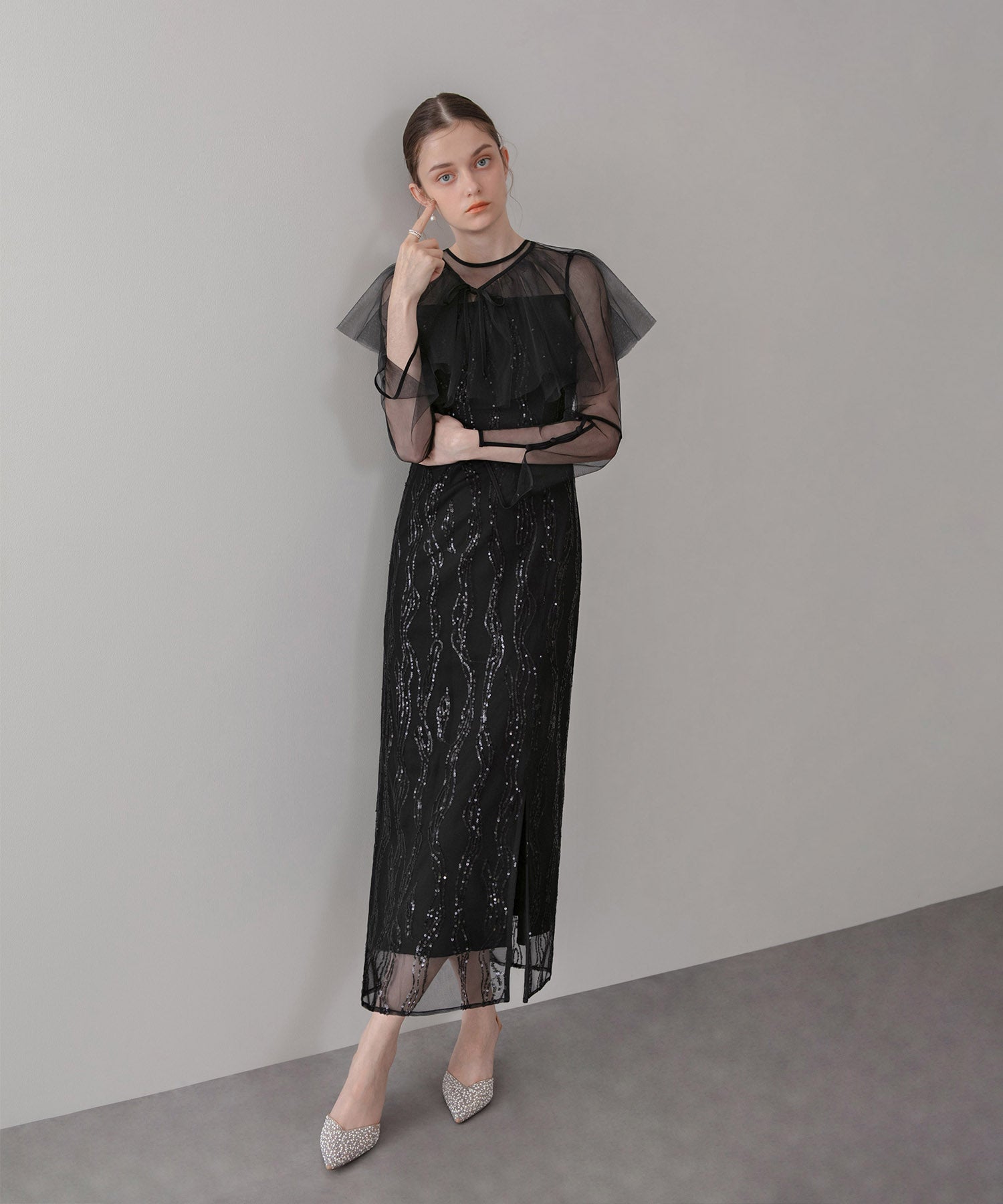 【当日発送】シアーケープスパンコールIラインワンピースドレス